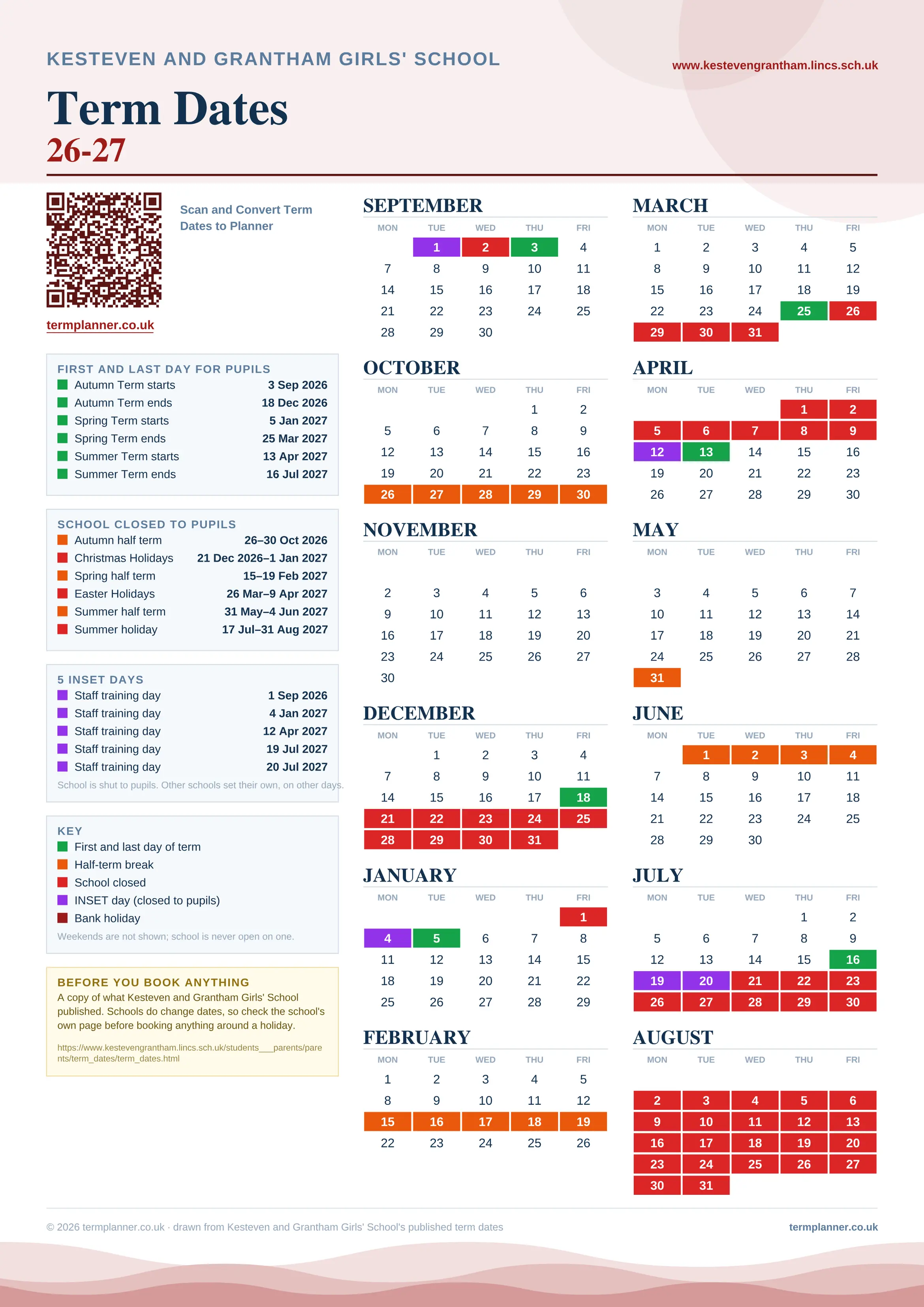 Kesteven and Grantham Girls' School’s 2026/27 school year drawn as one sheet: twelve month grids from September to August, Monday to Friday, with autumn term 3 September to 18 December 2026, spring term 5 January to 25 March 2027, summer term 13 April to 16 July 2027. Half terms, holidays and bank holidays are filled in colour, the first and last day of each term is marked, 5 INSET days are picked out, and every date is listed again in words down the left.
