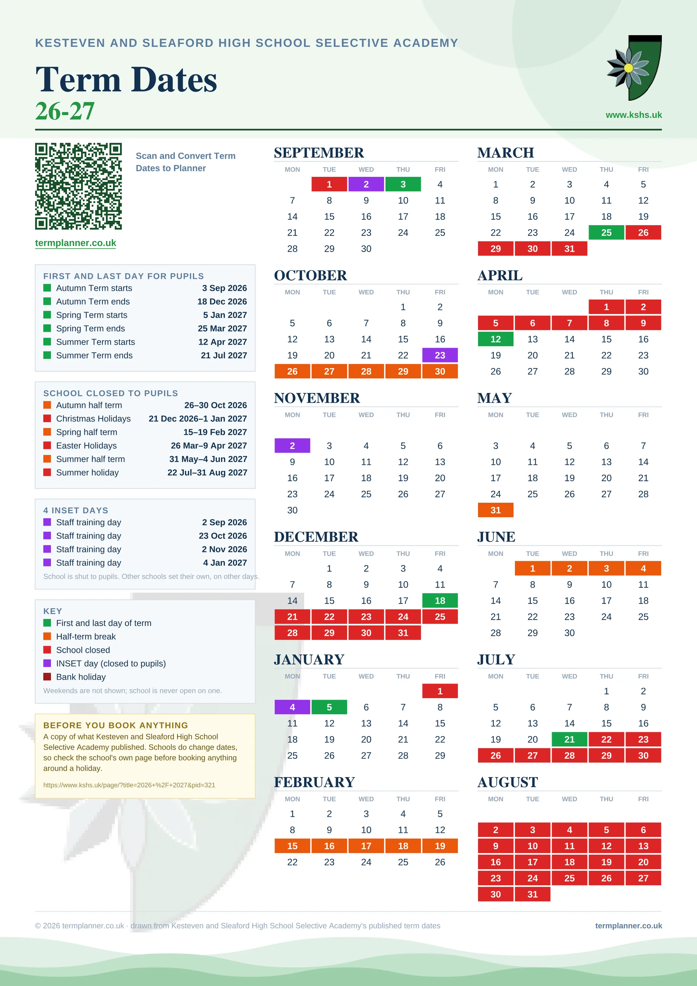 Kesteven and Sleaford High School Selective Academy’s 2026/27 school year drawn as one sheet: twelve month grids from September to August, Monday to Friday, with autumn term 3 September to 18 December 2026, spring term 5 January to 25 March 2027, summer term 12 April to 21 July 2027. Half terms, holidays and bank holidays are filled in colour, the first and last day of each term is marked, 4 INSET days are picked out, and every date is listed again in words down the left.
