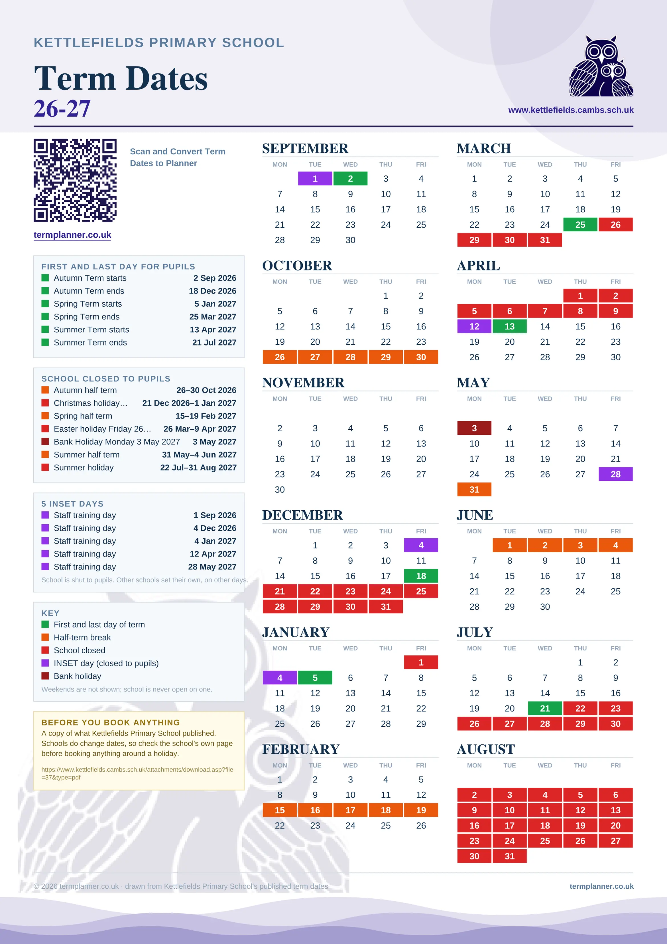 Kettlefields Primary School’s 2026/27 school year drawn as one sheet: twelve month grids from September to August, Monday to Friday, with autumn term 2 September to 18 December 2026, spring term 5 January to 25 March 2027, summer term 13 April to 21 July 2027. Half terms, holidays and bank holidays are filled in colour, the first and last day of each term is marked, 5 INSET days are picked out, and every date is listed again in words down the left.