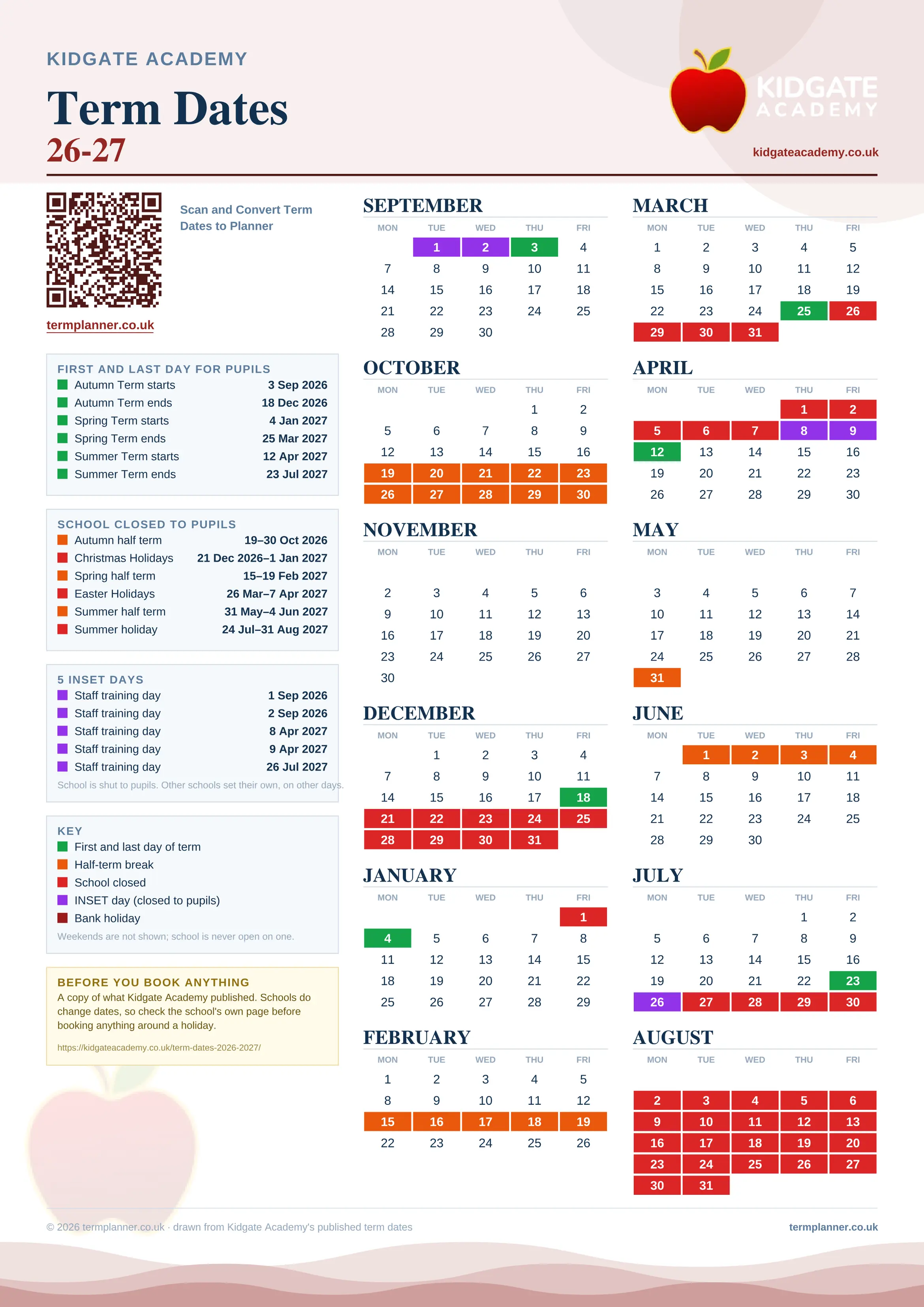 Kidgate Academy’s 2026/27 school year drawn as one sheet: twelve month grids from September to August, Monday to Friday, with autumn term 3 September to 18 December 2026, spring term 4 January to 25 March 2027, summer term 12 April to 23 July 2027. Half terms, holidays and bank holidays are filled in colour, the first and last day of each term is marked, 5 INSET days are picked out, and every date is listed again in words down the left.