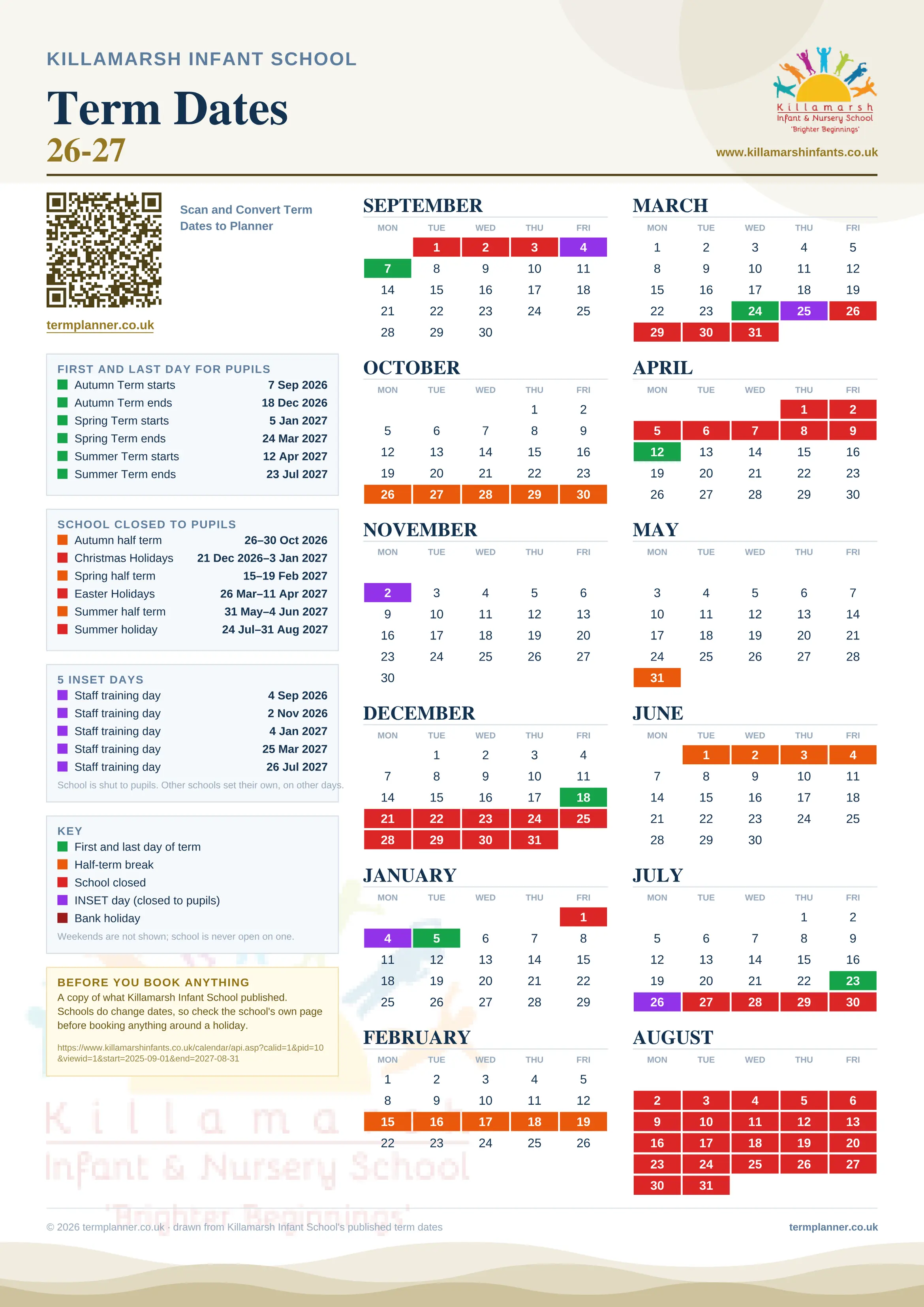 Killamarsh Infant School’s 2026/27 school year drawn as one sheet: twelve month grids from September to August, Monday to Friday, with autumn term 7 September to 18 December 2026, spring term 5 January to 24 March 2027, summer term 12 April to 23 July 2027. Half terms, holidays and bank holidays are filled in colour, the first and last day of each term is marked, 5 INSET days are picked out, and every date is listed again in words down the left.