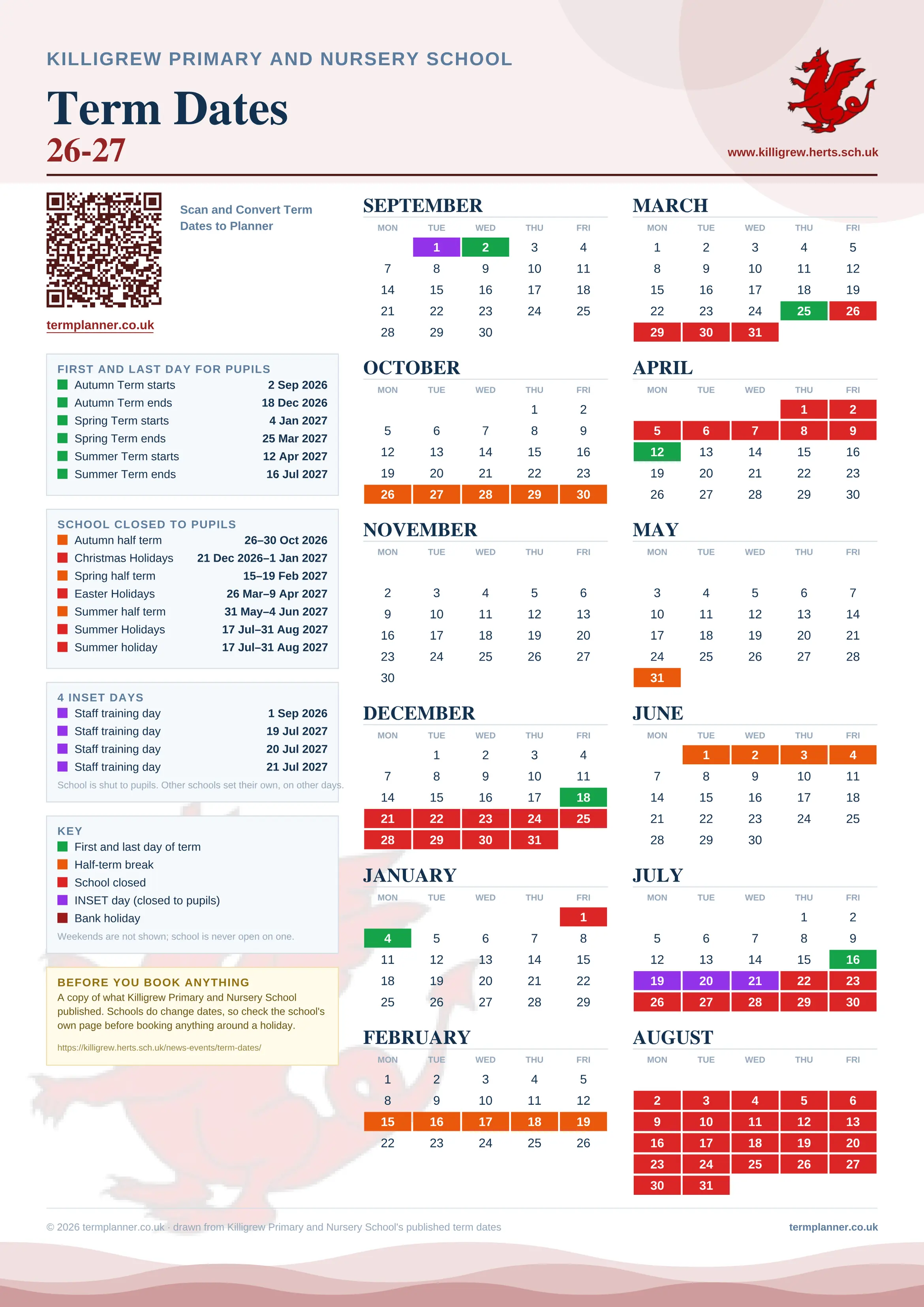 Killigrew Primary and Nursery School’s 2026/27 school year drawn as one sheet: twelve month grids from September to August, Monday to Friday, with autumn term 2 September to 18 December 2026, spring term 4 January to 25 March 2027, summer term 12 April to 16 July 2027. Half terms, holidays and bank holidays are filled in colour, the first and last day of each term is marked, 4 INSET days are picked out, and every date is listed again in words down the left.