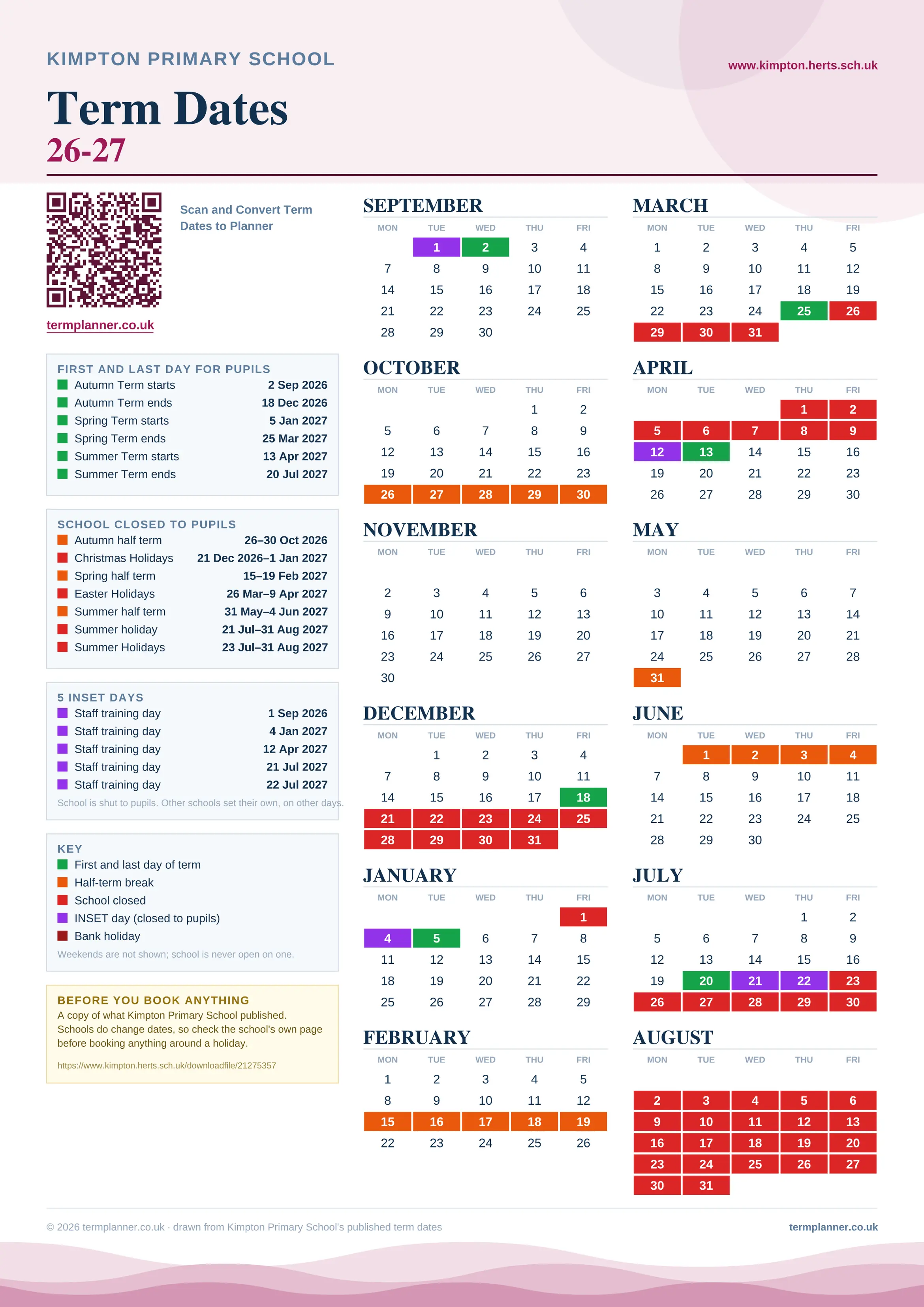 Kimpton Primary School’s 2026/27 school year drawn as one sheet: twelve month grids from September to August, Monday to Friday, with autumn term 2 September to 18 December 2026, spring term 5 January to 25 March 2027, summer term 13 April to 20 July 2027. Half terms, holidays and bank holidays are filled in colour, the first and last day of each term is marked, 5 INSET days are picked out, and every date is listed again in words down the left.