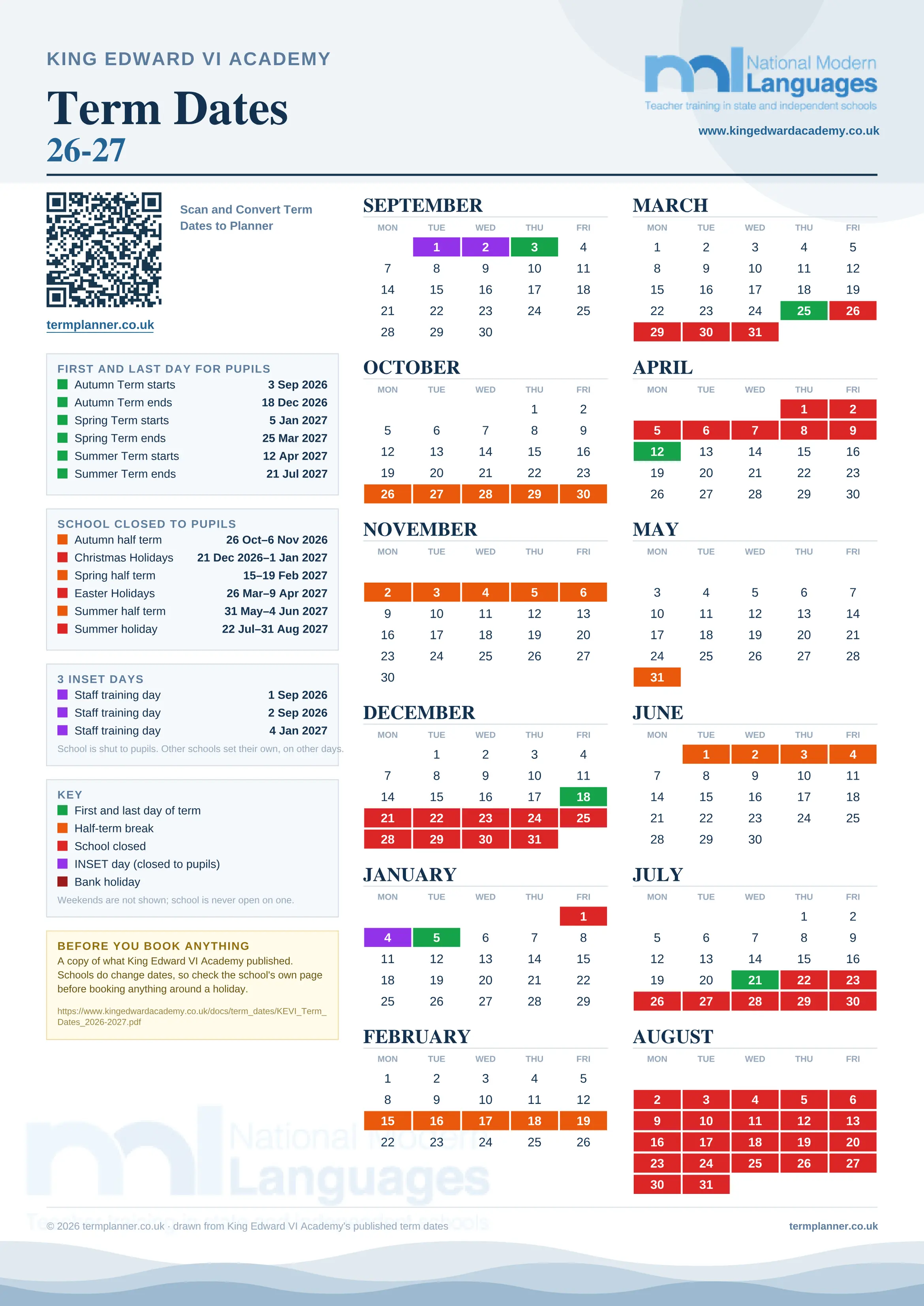 King Edward VI Academy’s 2026/27 school year drawn as one sheet: twelve month grids from September to August, Monday to Friday, with autumn term 3 September to 18 December 2026, spring term 5 January to 25 March 2027, summer term 12 April to 21 July 2027. Half terms, holidays and bank holidays are filled in colour, the first and last day of each term is marked, 3 INSET days are picked out, and every date is listed again in words down the left.