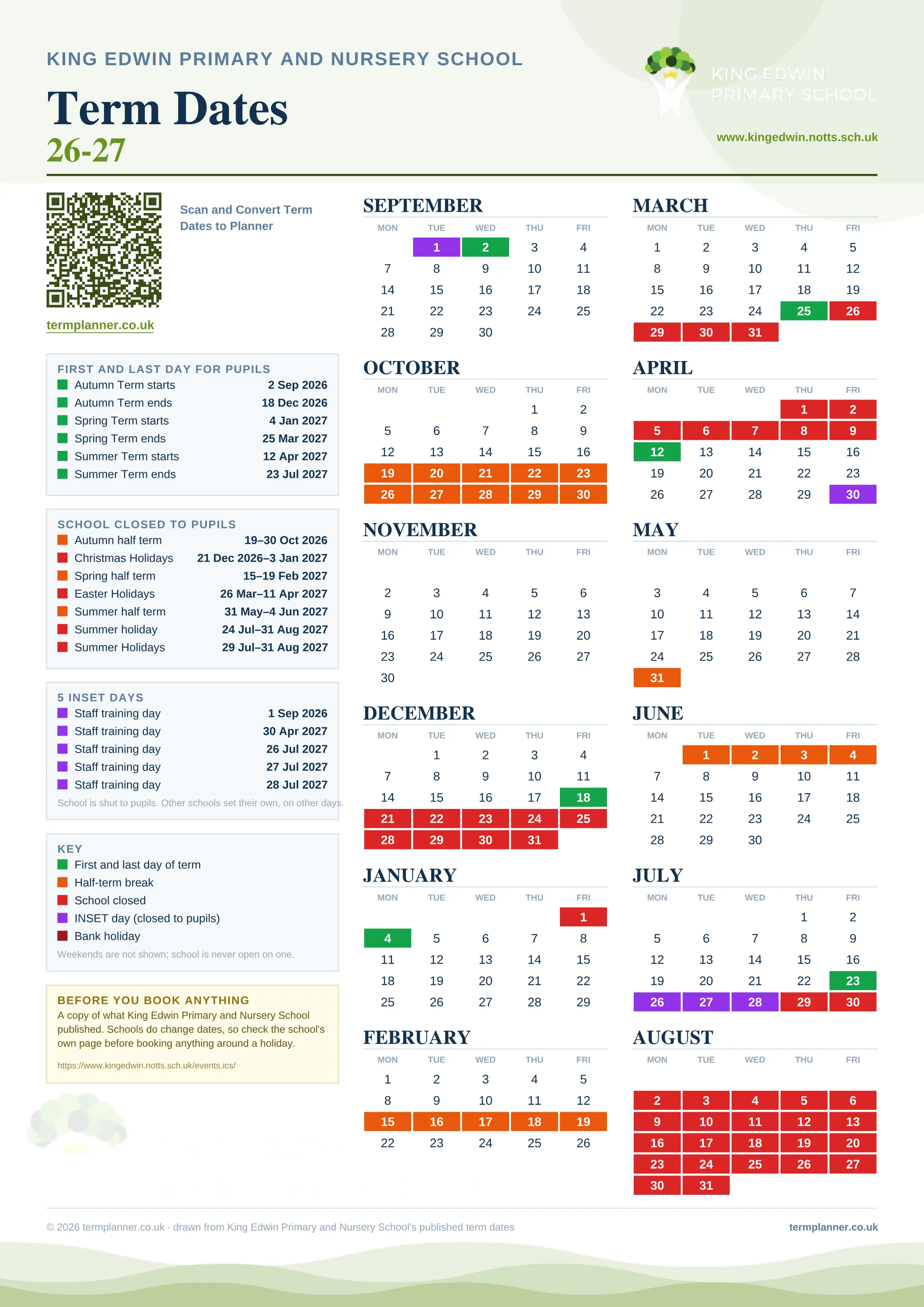 King Edwin Primary and Nursery School’s 2026/27 school year drawn as one sheet: twelve month grids from September to August, Monday to Friday, with autumn term 2 September to 18 December 2026, spring term 4 January to 25 March 2027, summer term 12 April to 23 July 2027. Half terms, holidays and bank holidays are filled in colour, the first and last day of each term is marked, 5 INSET days are picked out, and every date is listed again in words down the left.
