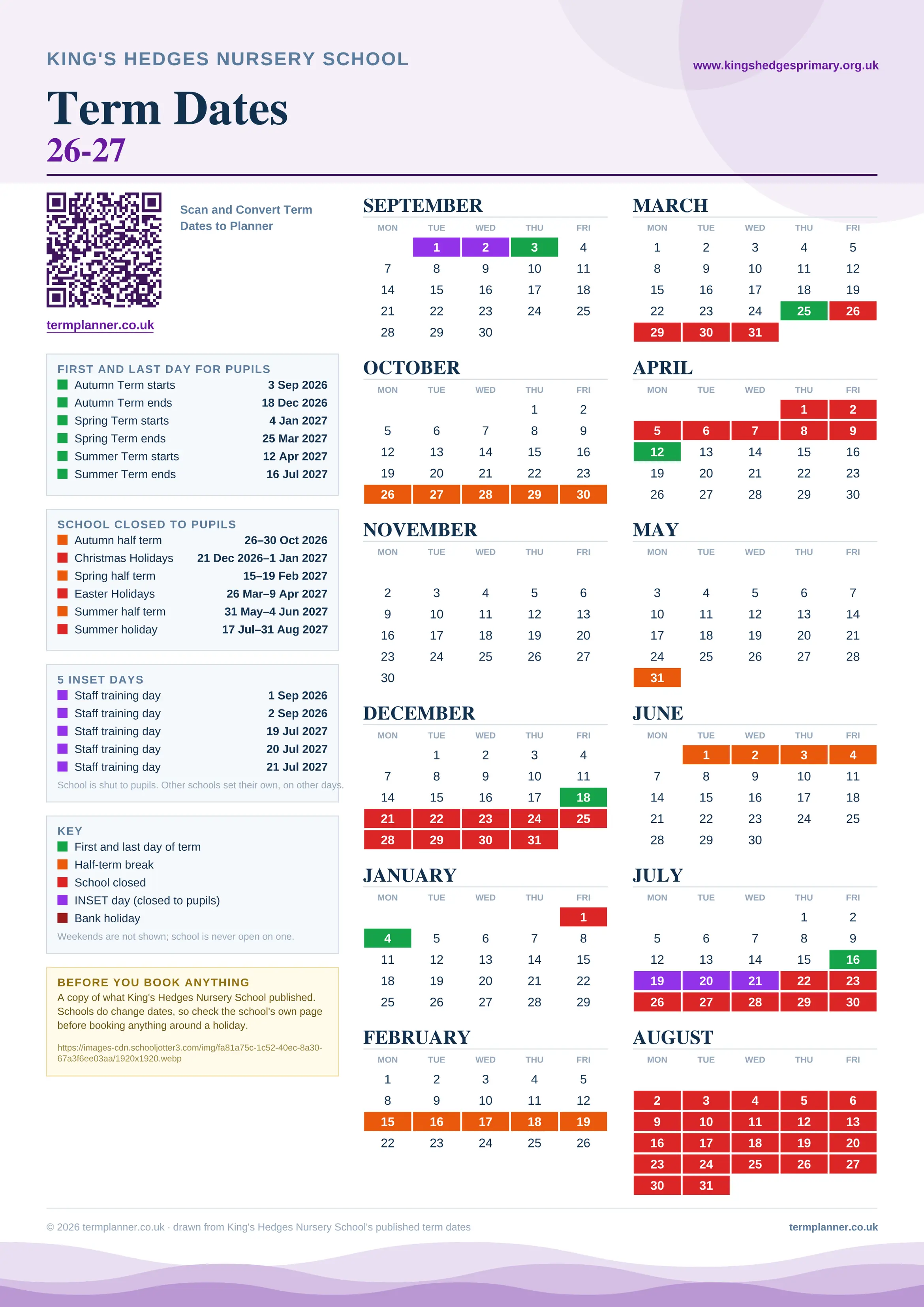 King's Hedges Nursery School’s 2026/27 school year drawn as one sheet: twelve month grids from September to August, Monday to Friday, with autumn term 3 September to 18 December 2026, spring term 4 January to 25 March 2027, summer term 12 April to 16 July 2027. Half terms, holidays and bank holidays are filled in colour, the first and last day of each term is marked, 5 INSET days are picked out, and every date is listed again in words down the left.