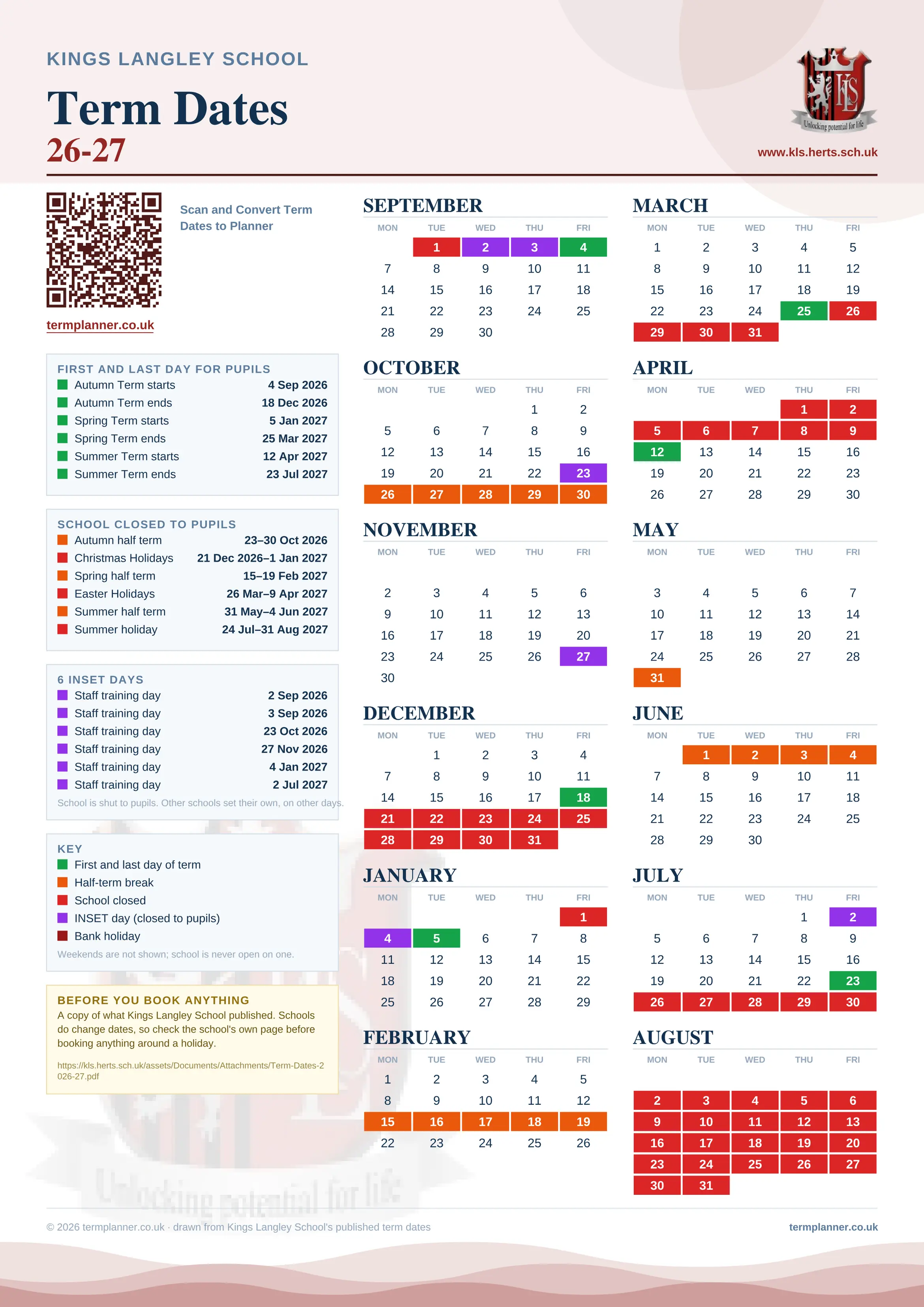 Kings Langley School’s 2026/27 school year drawn as one sheet: twelve month grids from September to August, Monday to Friday, with autumn term 4 September to 18 December 2026, spring term 5 January to 25 March 2027, summer term 12 April to 23 July 2027. Half terms, holidays and bank holidays are filled in colour, the first and last day of each term is marked, 6 INSET days are picked out, and every date is listed again in words down the left.