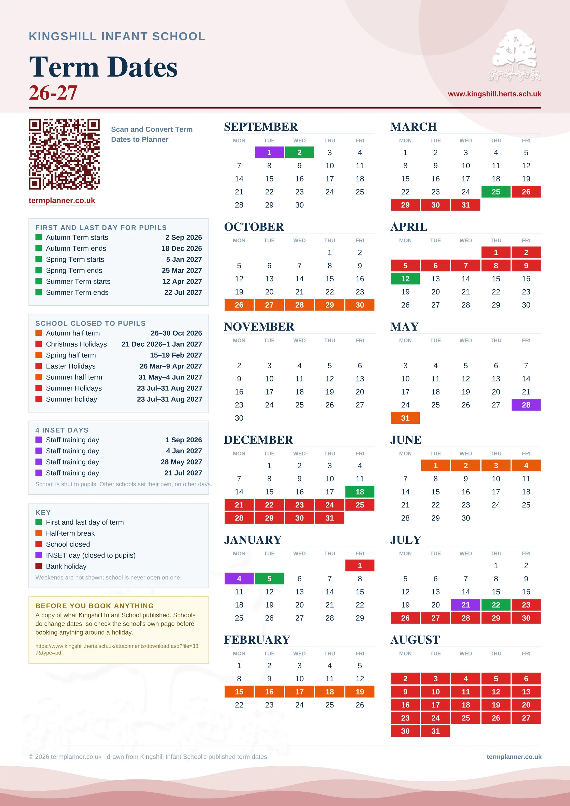 Kingshill Infant School’s 2026/27 school year drawn as one sheet: twelve month grids from September to August, Monday to Friday, with autumn term 2 September to 18 December 2026, spring term 5 January to 25 March 2027, summer term 12 April to 22 July 2027. Half terms, holidays and bank holidays are filled in colour, the first and last day of each term is marked, 4 INSET days are picked out, and every date is listed again in words down the left.