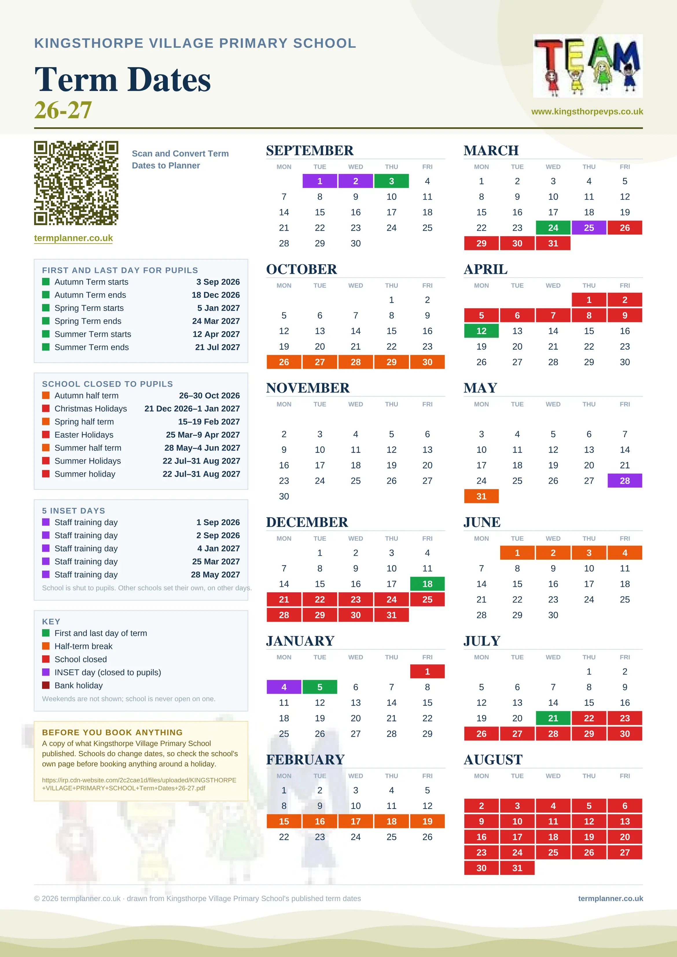 Kingsthorpe Village Primary School’s 2026/27 school year drawn as one sheet: twelve month grids from September to August, Monday to Friday, with autumn term 3 September to 18 December 2026, spring term 5 January to 24 March 2027, summer term 12 April to 21 July 2027. Half terms, holidays and bank holidays are filled in colour, the first and last day of each term is marked, 5 INSET days are picked out, and every date is listed again in words down the left.