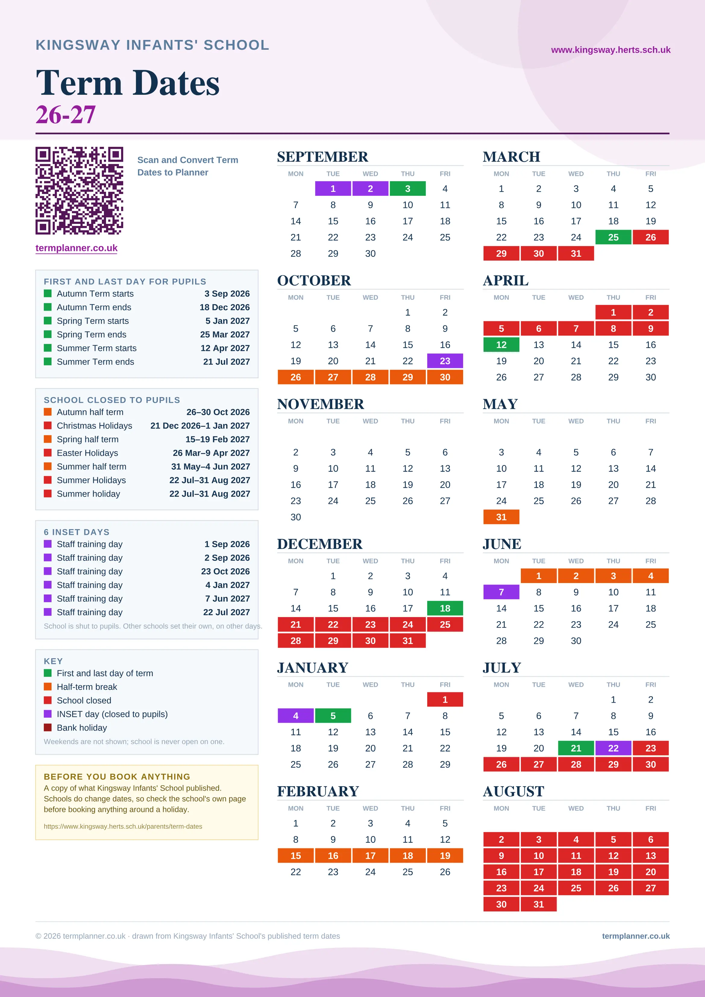 Kingsway Infants' School’s 2026/27 school year drawn as one sheet: twelve month grids from September to August, Monday to Friday, with autumn term 3 September to 18 December 2026, spring term 5 January to 25 March 2027, summer term 12 April to 21 July 2027. Half terms, holidays and bank holidays are filled in colour, the first and last day of each term is marked, 6 INSET days are picked out, and every date is listed again in words down the left.