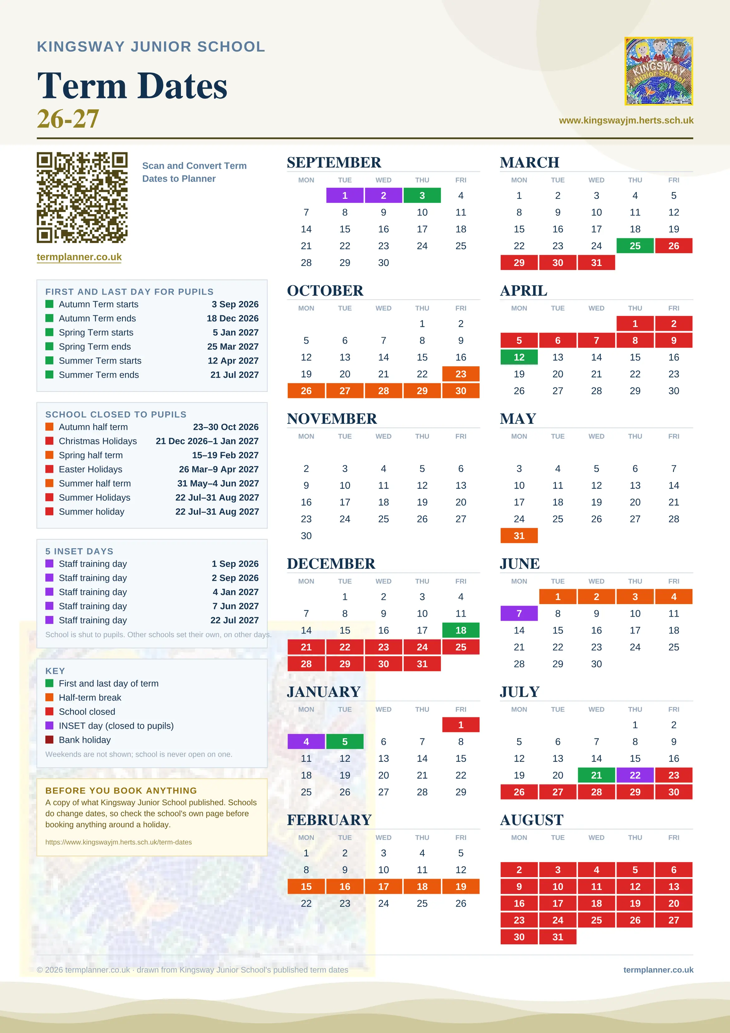 Kingsway Junior School’s 2026/27 school year drawn as one sheet: twelve month grids from September to August, Monday to Friday, with autumn term 3 September to 18 December 2026, spring term 5 January to 25 March 2027, summer term 12 April to 21 July 2027. Half terms, holidays and bank holidays are filled in colour, the first and last day of each term is marked, 5 INSET days are picked out, and every date is listed again in words down the left.