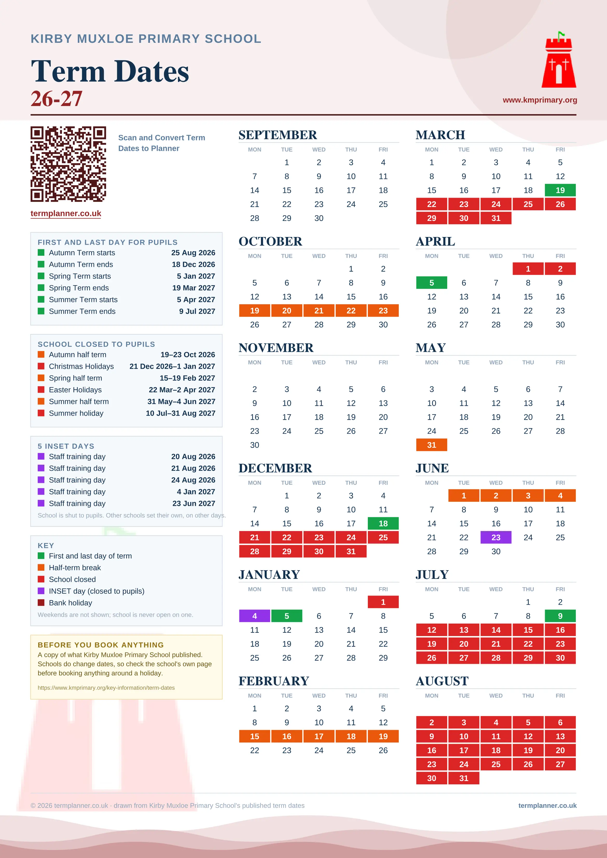 Kirby Muxloe Primary School’s 2026/27 school year drawn as one sheet: twelve month grids from September to August, Monday to Friday, with autumn term 25 August to 18 December 2026, spring term 5 January to 19 March 2027, summer term 5 April to 9 July 2027. Half terms, holidays and bank holidays are filled in colour, the first and last day of each term is marked, 5 INSET days are picked out, and every date is listed again in words down the left.