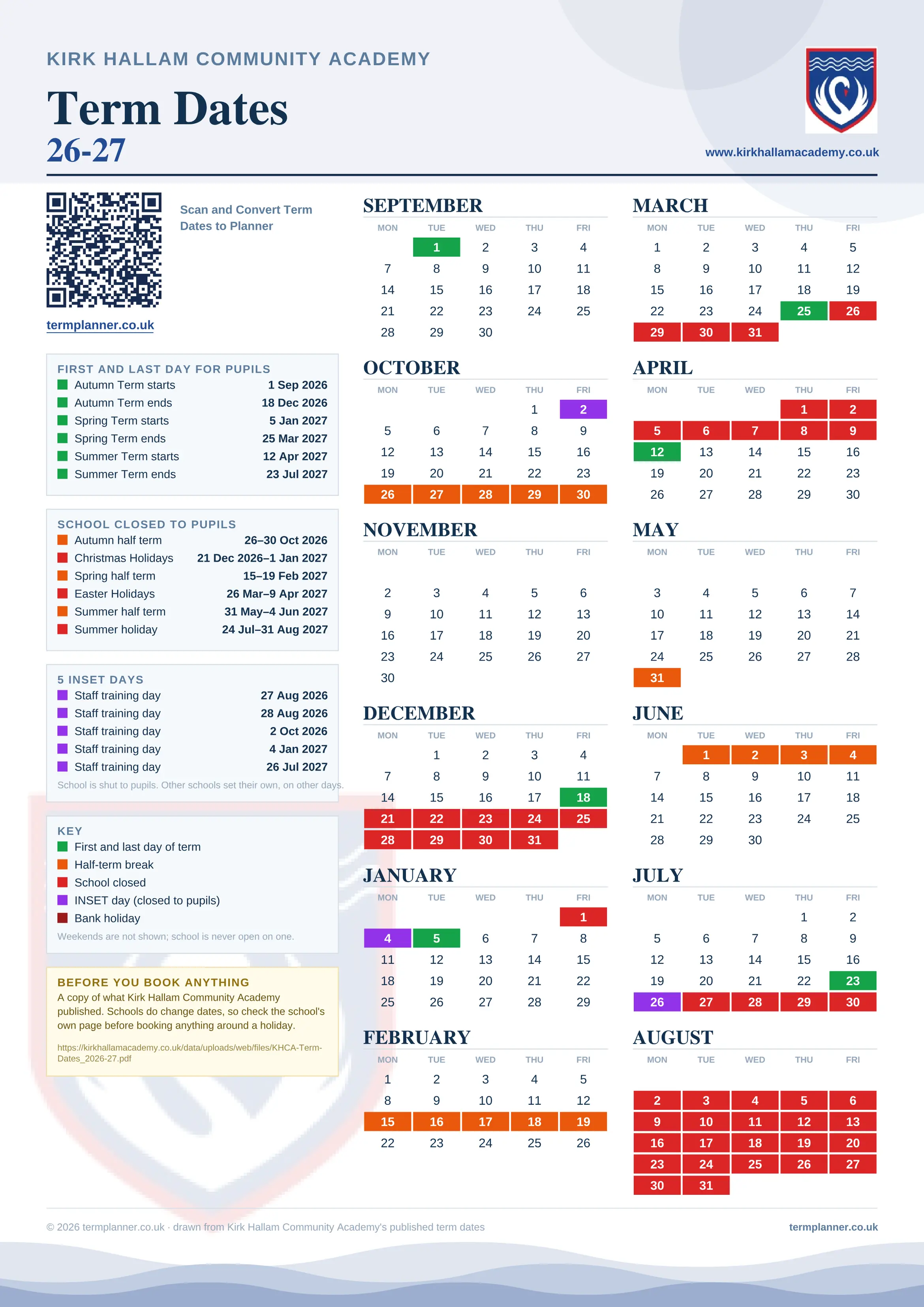 Kirk Hallam Community Academy’s 2026/27 school year drawn as one sheet: twelve month grids from September to August, Monday to Friday, with autumn term 1 September to 18 December 2026, spring term 5 January to 25 March 2027, summer term 12 April to 23 July 2027. Half terms, holidays and bank holidays are filled in colour, the first and last day of each term is marked, 5 INSET days are picked out, and every date is listed again in words down the left.