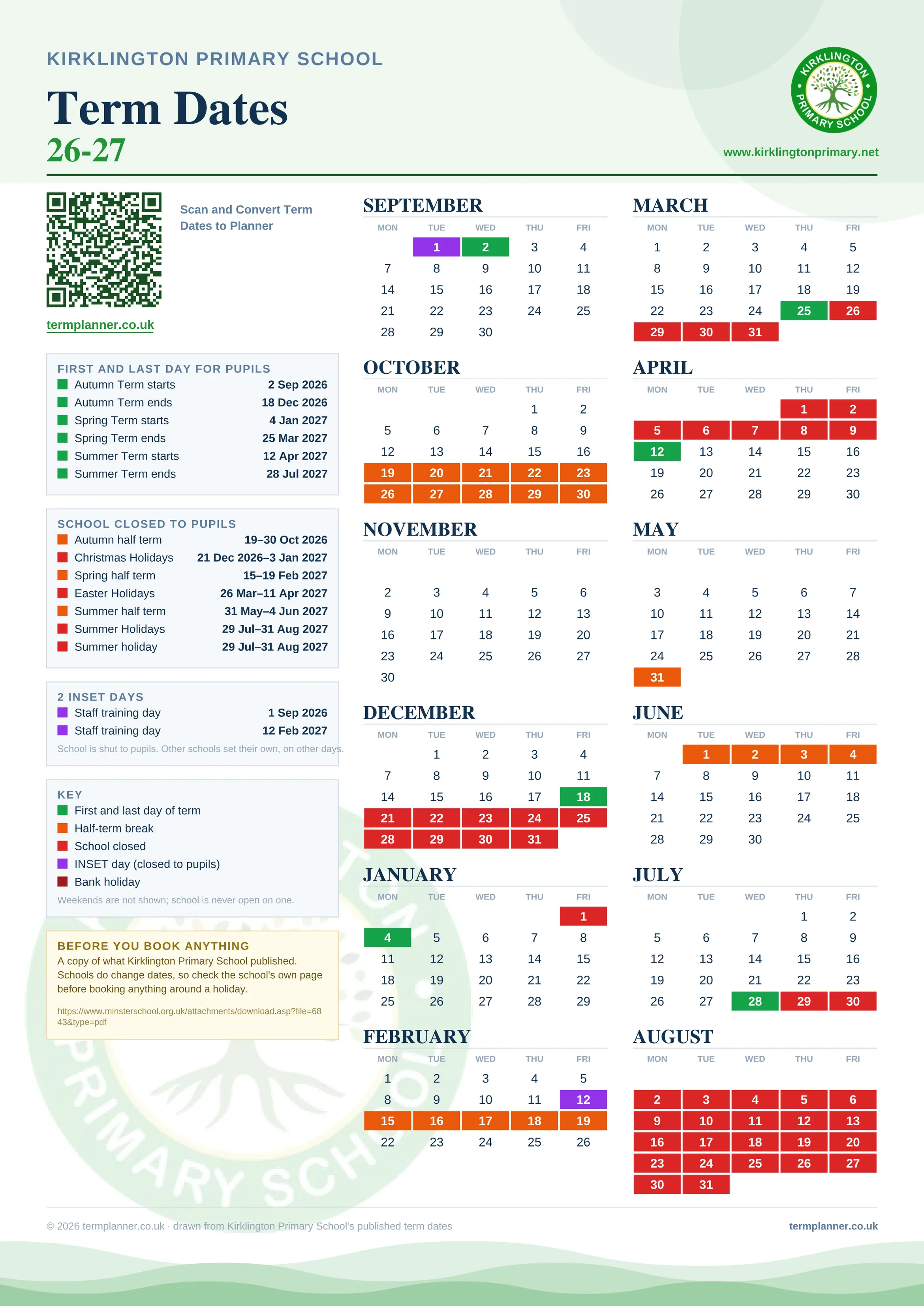 Kirklington Primary School’s 2026/27 school year drawn as one sheet: twelve month grids from September to August, Monday to Friday, with autumn term 2 September to 18 December 2026, spring term 4 January to 25 March 2027, summer term 12 April to 28 July 2027. Half terms, holidays and bank holidays are filled in colour, the first and last day of each term is marked, 2 INSET days are picked out, and every date is listed again in words down the left.