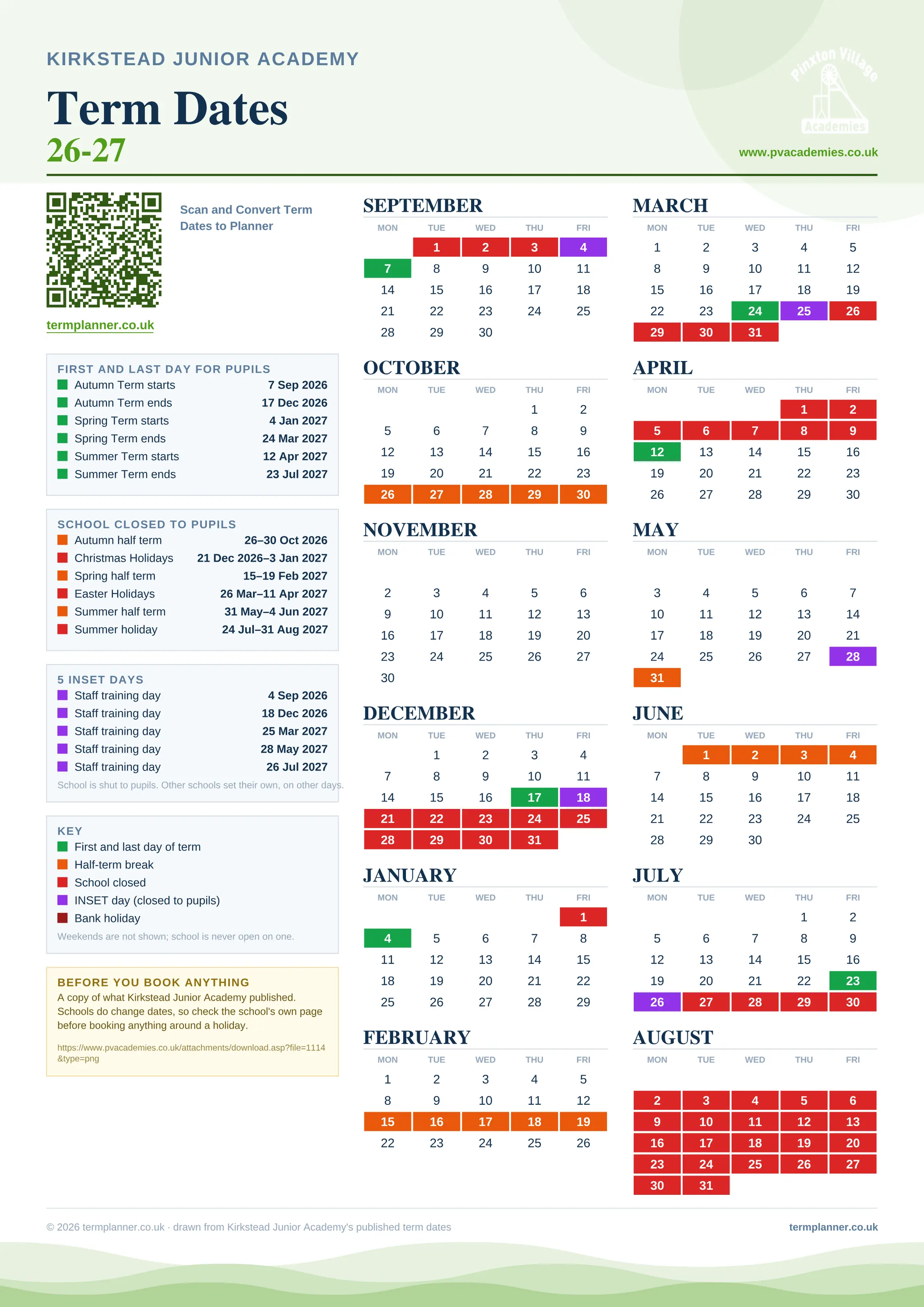 Kirkstead Junior Academy’s 2026/27 school year drawn as one sheet: twelve month grids from September to August, Monday to Friday, with autumn term 7 September to 17 December 2026, spring term 4 January to 24 March 2027, summer term 12 April to 23 July 2027. Half terms, holidays and bank holidays are filled in colour, the first and last day of each term is marked, 5 INSET days are picked out, and every date is listed again in words down the left.