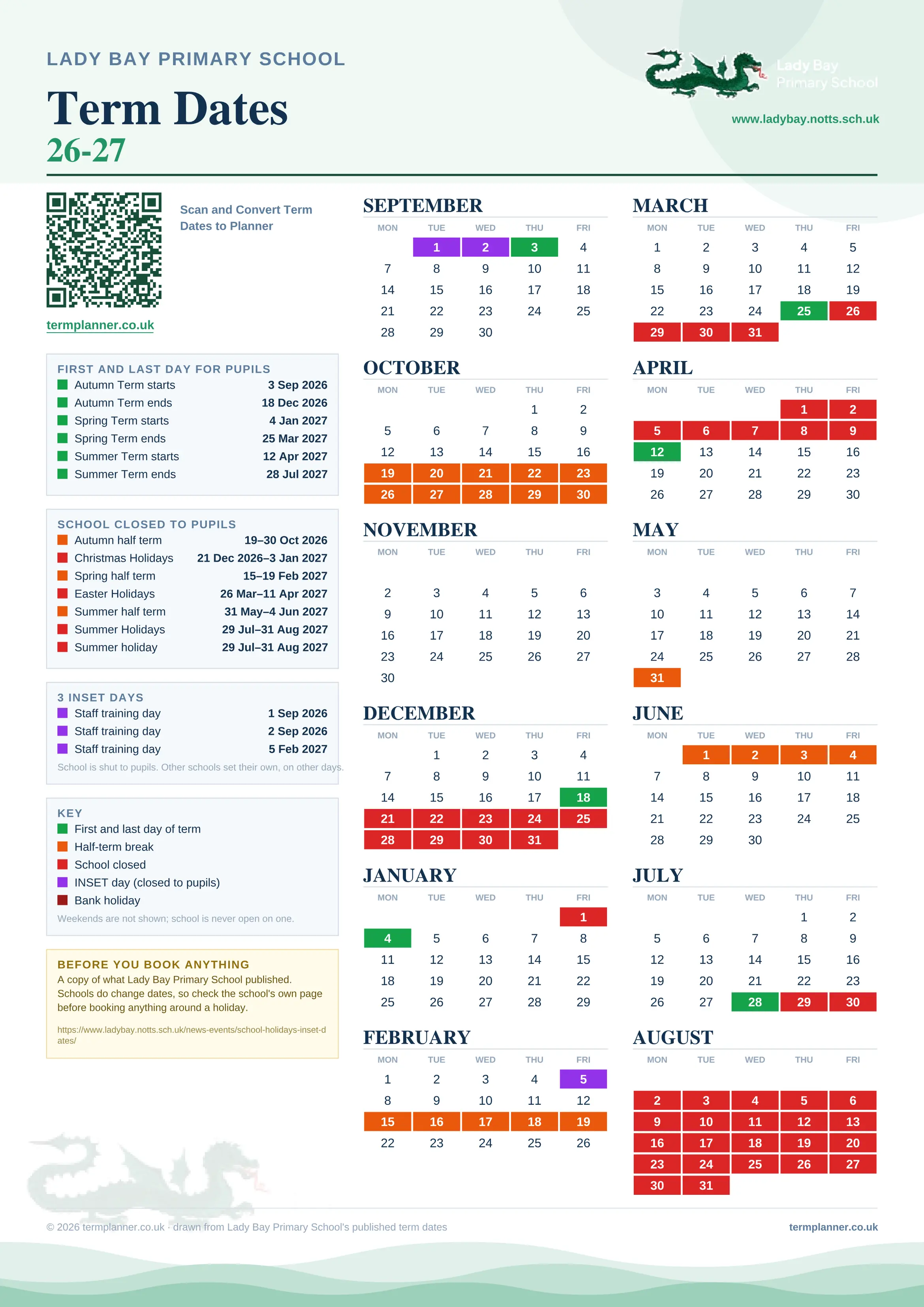 Lady Bay Primary School’s 2026/27 school year drawn as one sheet: twelve month grids from September to August, Monday to Friday, with autumn term 3 September to 18 December 2026, spring term 4 January to 25 March 2027, summer term 12 April to 28 July 2027. Half terms, holidays and bank holidays are filled in colour, the first and last day of each term is marked, 3 INSET days are picked out, and every date is listed again in words down the left.