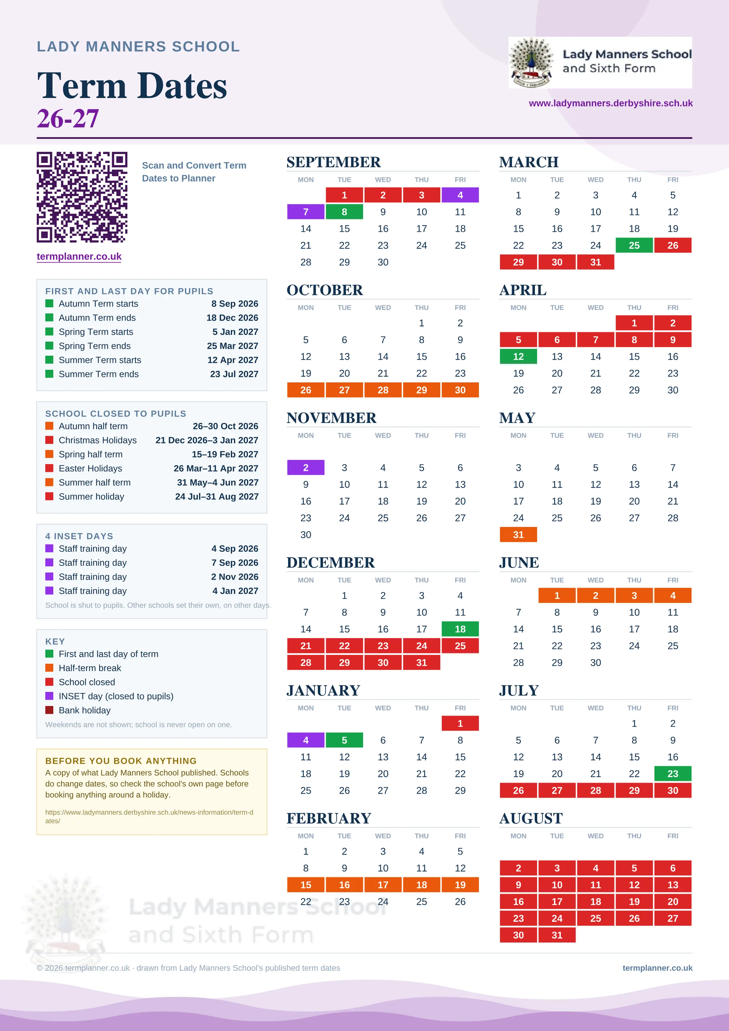 Lady Manners School’s 2026/27 school year drawn as one sheet: twelve month grids from September to August, Monday to Friday, with autumn term 8 September to 18 December 2026, spring term 5 January to 25 March 2027, summer term 12 April to 23 July 2027. Half terms, holidays and bank holidays are filled in colour, the first and last day of each term is marked, 4 INSET days are picked out, and every date is listed again in words down the left.