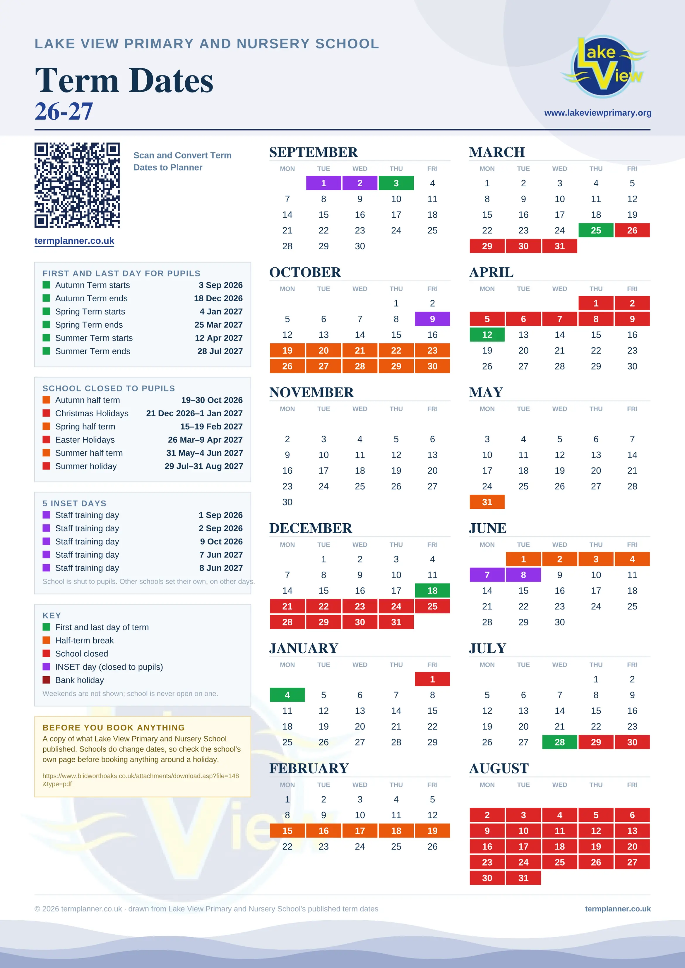 Lake View Primary and Nursery School’s 2026/27 school year drawn as one sheet: twelve month grids from September to August, Monday to Friday, with autumn term 3 September to 18 December 2026, spring term 4 January to 25 March 2027, summer term 12 April to 28 July 2027. Half terms, holidays and bank holidays are filled in colour, the first and last day of each term is marked, 5 INSET days are picked out, and every date is listed again in words down the left.