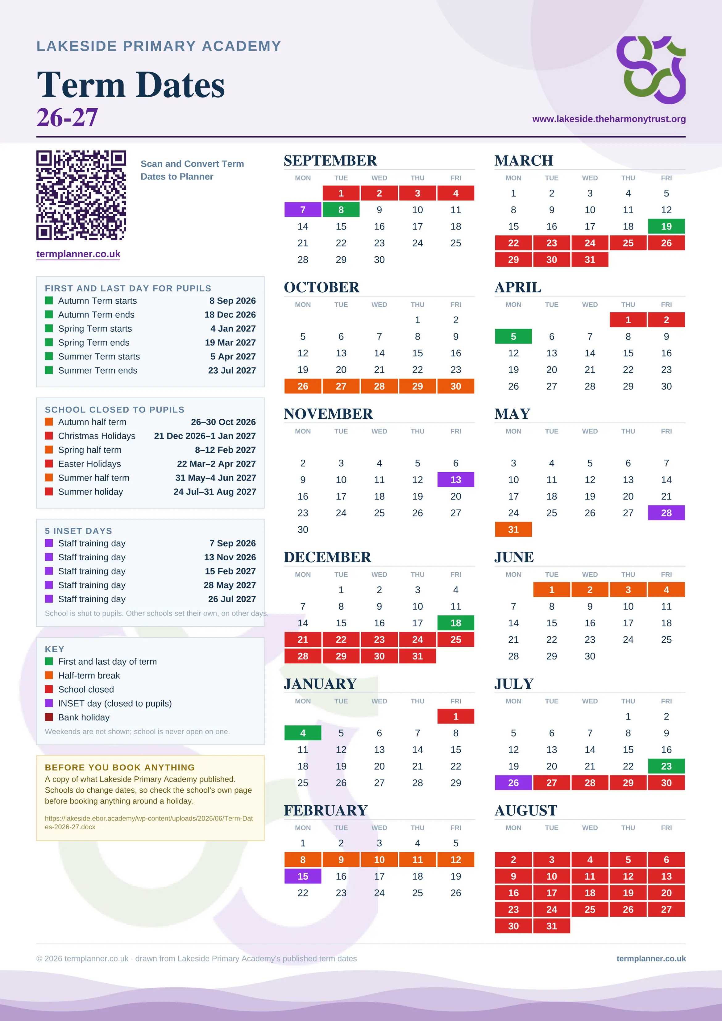Lakeside Primary Academy’s 2026/27 school year drawn as one sheet: twelve month grids from September to August, Monday to Friday, with autumn term 8 September to 18 December 2026, spring term 4 January to 19 March 2027, summer term 5 April to 23 July 2027. Half terms, holidays and bank holidays are filled in colour, the first and last day of each term is marked, 5 INSET days are picked out, and every date is listed again in words down the left.