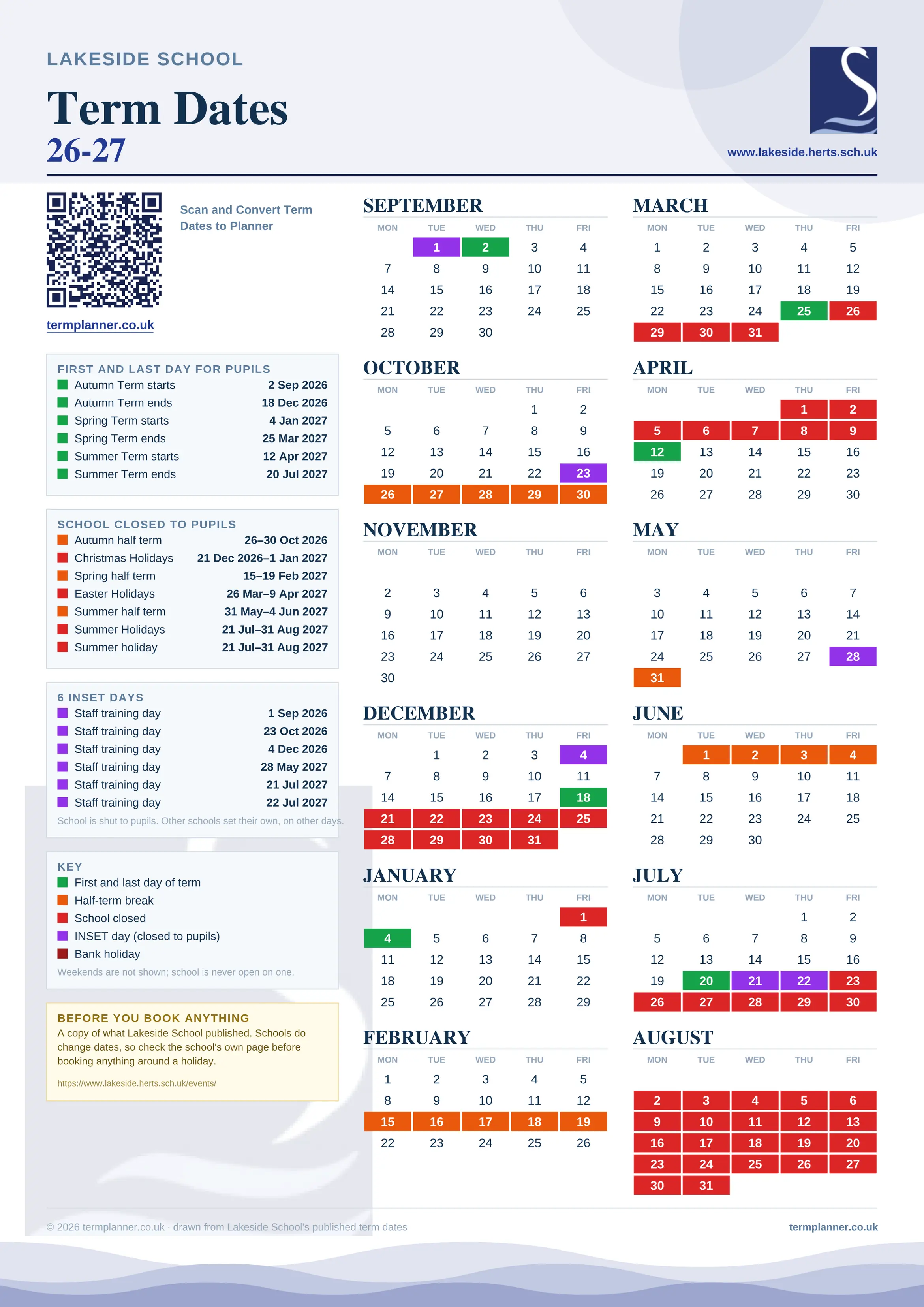 Lakeside School’s 2026/27 school year drawn as one sheet: twelve month grids from September to August, Monday to Friday, with autumn term 2 September to 18 December 2026, spring term 4 January to 25 March 2027, summer term 12 April to 20 July 2027. Half terms, holidays and bank holidays are filled in colour, the first and last day of each term is marked, 6 INSET days are picked out, and every date is listed again in words down the left.