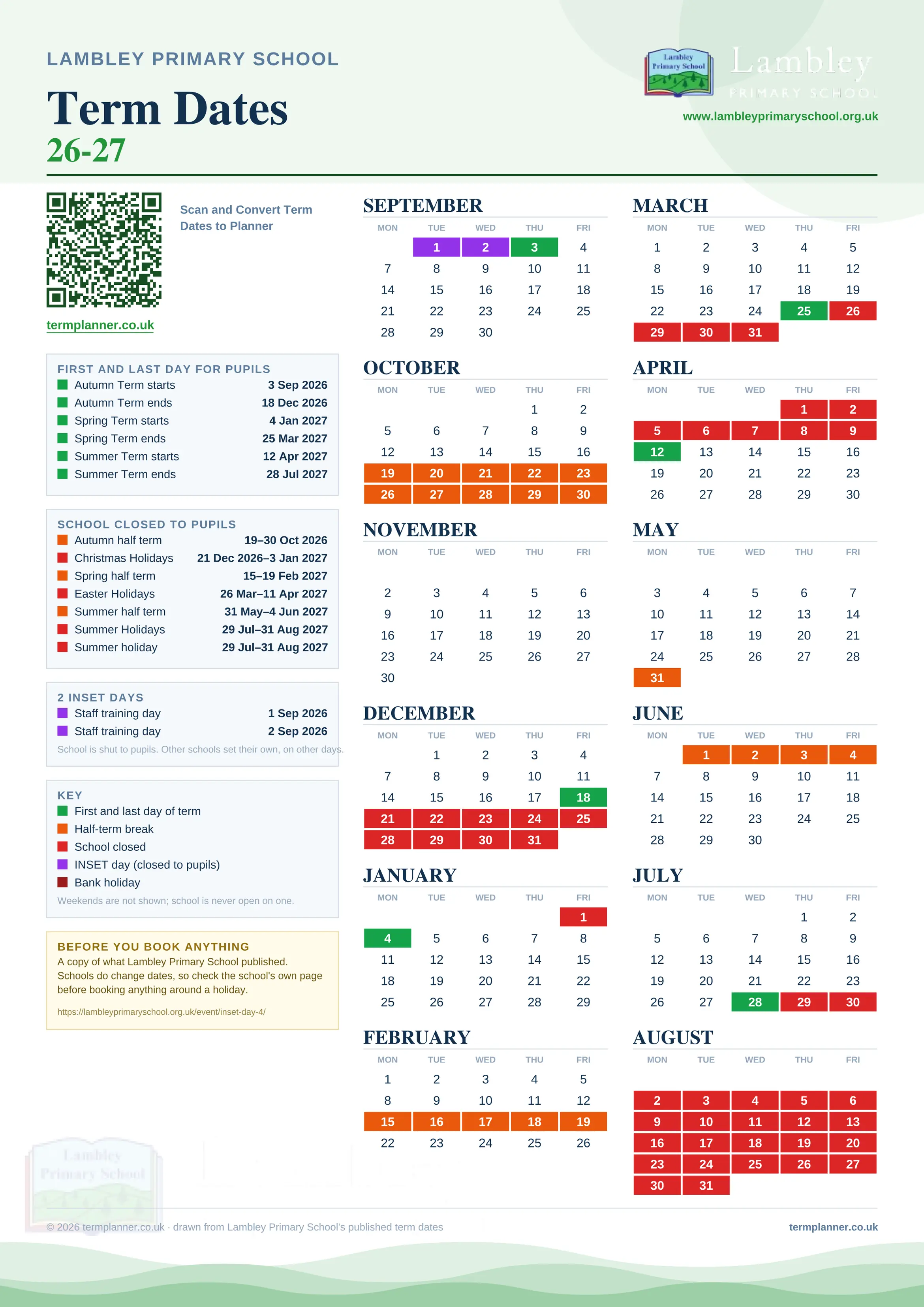Lambley Primary School’s 2026/27 school year drawn as one sheet: twelve month grids from September to August, Monday to Friday, with autumn term 3 September to 18 December 2026, spring term 4 January to 25 March 2027, summer term 12 April to 28 July 2027. Half terms, holidays and bank holidays are filled in colour, the first and last day of each term is marked, 2 INSET days are picked out, and every date is listed again in words down the left.