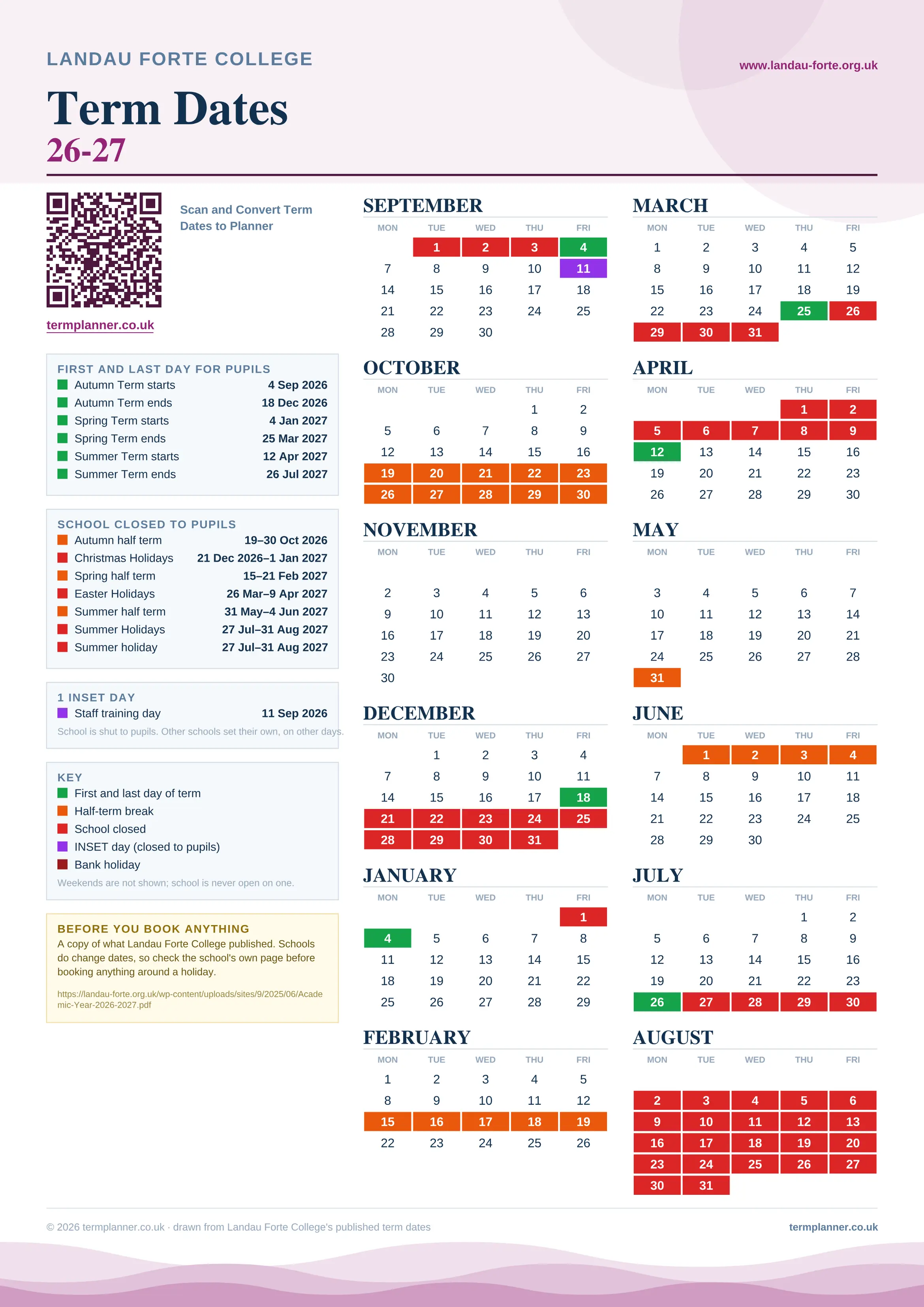 Landau Forte College’s 2026/27 school year drawn as one sheet: twelve month grids from September to August, Monday to Friday, with autumn term 4 September to 18 December 2026, spring term 4 January to 25 March 2027, summer term 12 April to 26 July 2027. Half terms, holidays and bank holidays are filled in colour, the first and last day of each term is marked, 1 INSET day is picked out, and every date is listed again in words down the left.