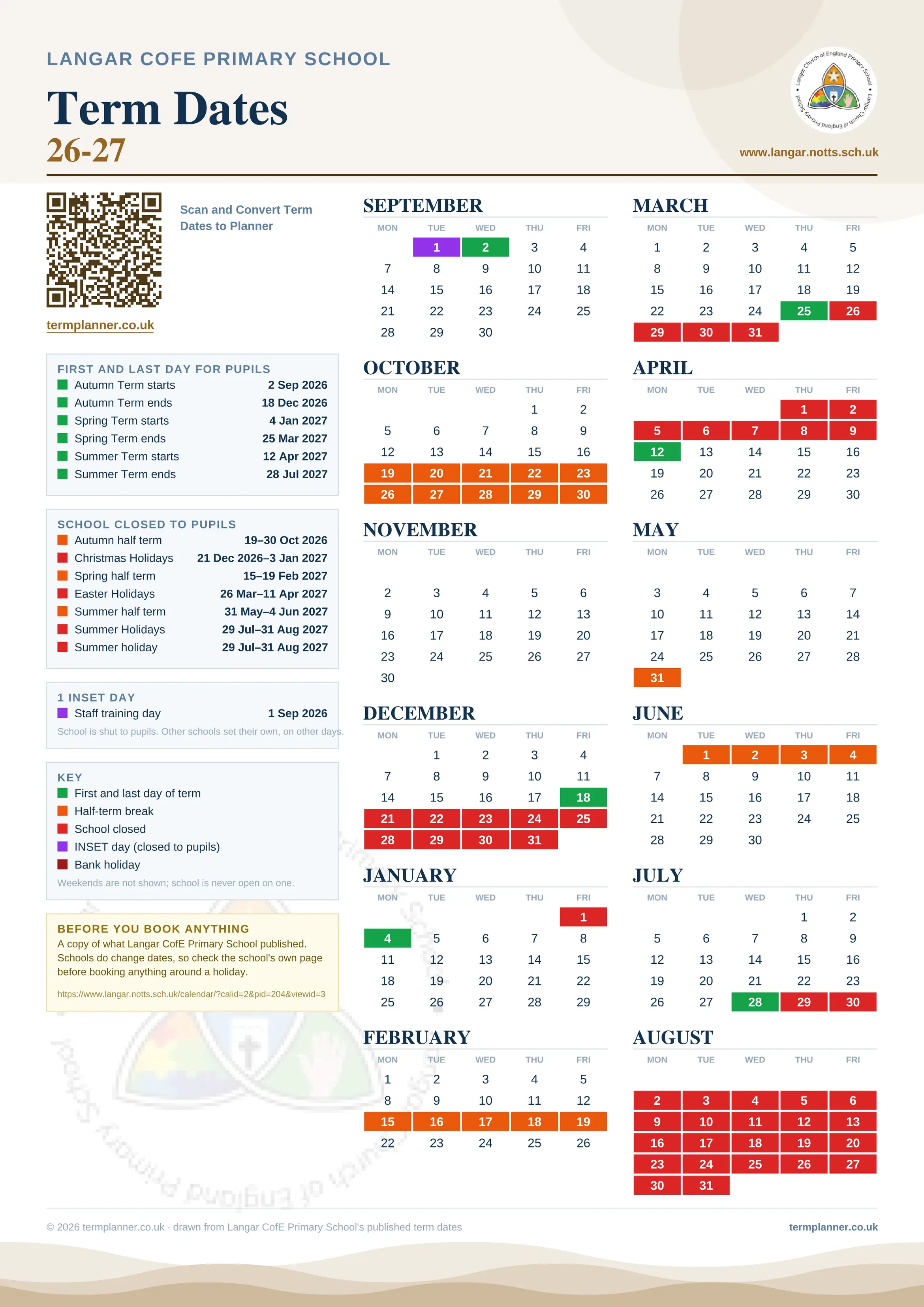 Langar CofE Primary School’s 2026/27 school year drawn as one sheet: twelve month grids from September to August, Monday to Friday, with autumn term 2 September to 18 December 2026, spring term 4 January to 25 March 2027, summer term 12 April to 28 July 2027. Half terms, holidays and bank holidays are filled in colour, the first and last day of each term is marked, 1 INSET day is picked out, and every date is listed again in words down the left.
