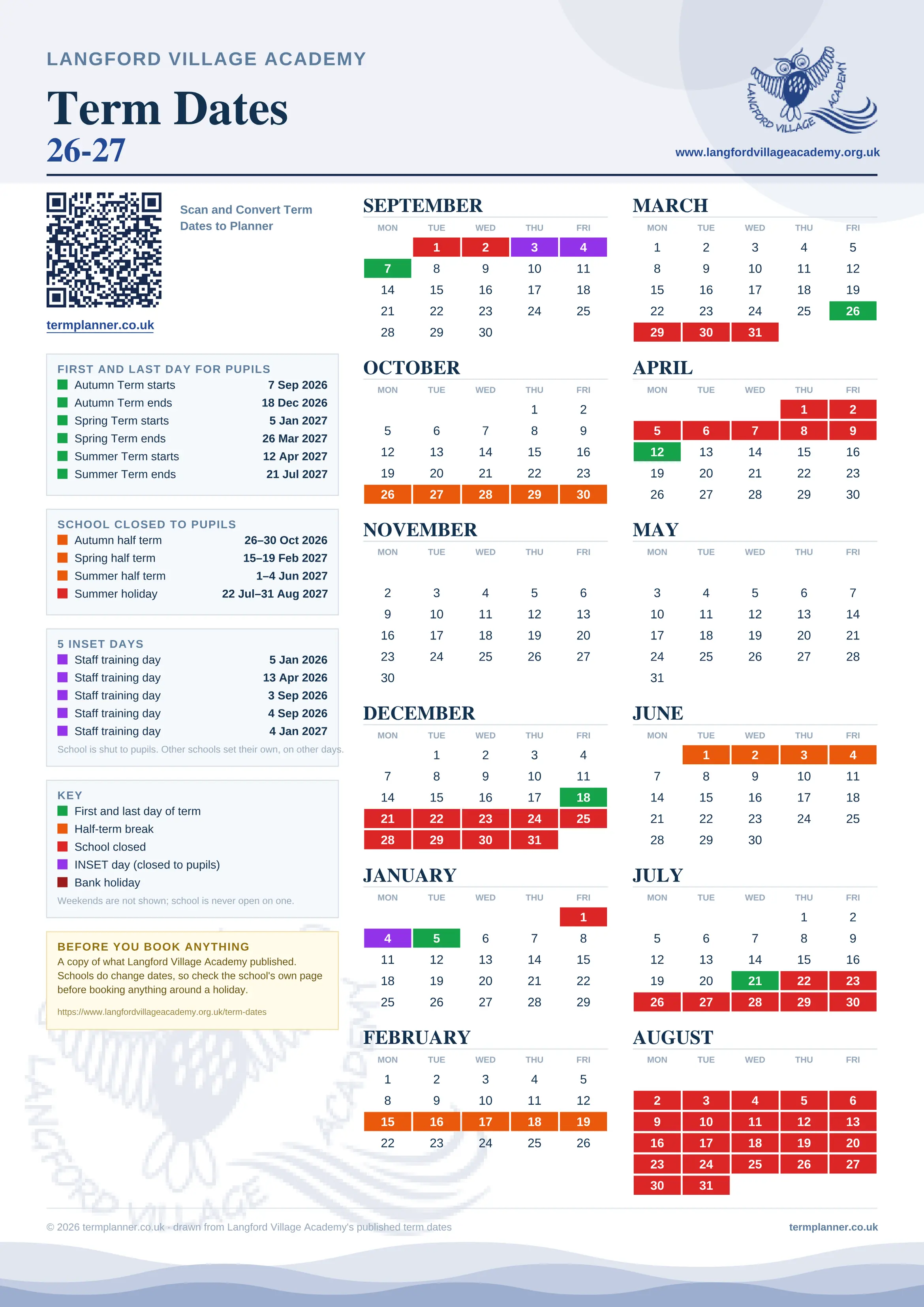 Langford Village Academy’s 2026/27 school year drawn as one sheet: twelve month grids from September to August, Monday to Friday, with autumn term 7 September to 18 December 2026, spring term 5 January to 26 March 2027, summer term 12 April to 21 July 2027. Half terms, holidays and bank holidays are filled in colour, the first and last day of each term is marked, 4 INSET days are picked out, and every date is listed again in words down the left.