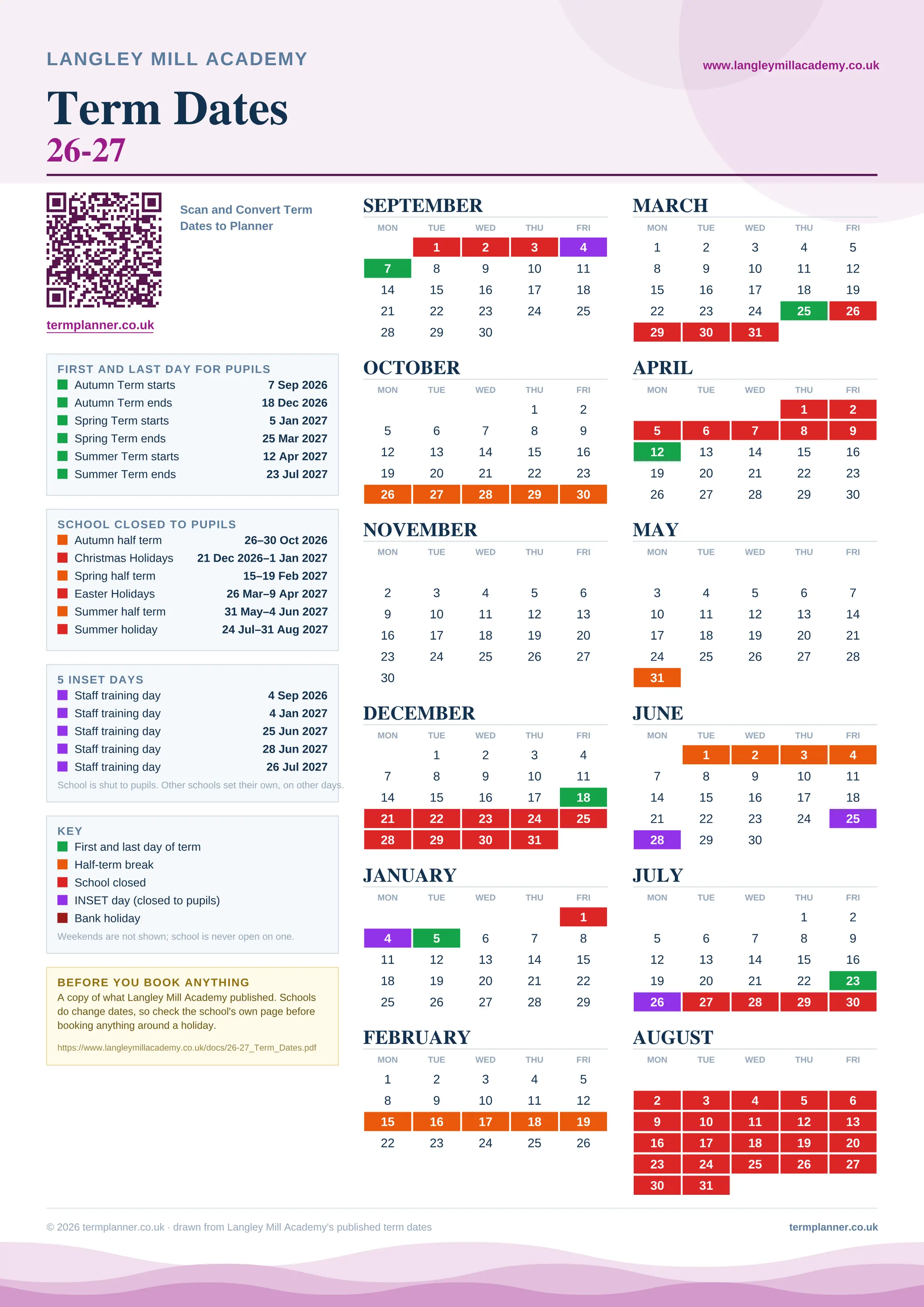 Langley Mill Academy’s 2026/27 school year drawn as one sheet: twelve month grids from September to August, Monday to Friday, with autumn term 7 September to 18 December 2026, spring term 5 January to 25 March 2027, summer term 12 April to 23 July 2027. Half terms, holidays and bank holidays are filled in colour, the first and last day of each term is marked, 5 INSET days are picked out, and every date is listed again in words down the left.