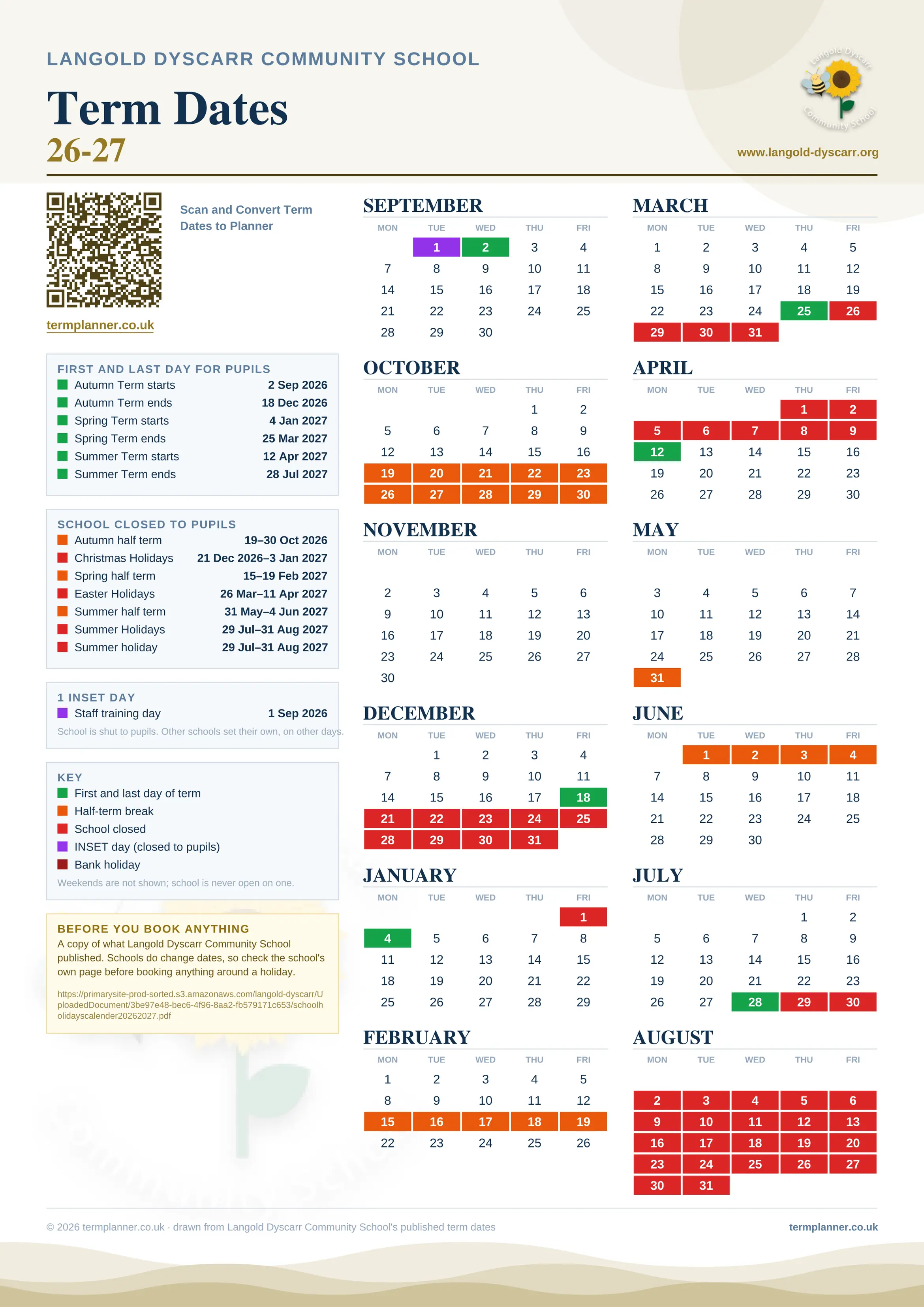Langold Dyscarr Community School’s 2026/27 school year drawn as one sheet: twelve month grids from September to August, Monday to Friday, with autumn term 2 September to 18 December 2026, spring term 4 January to 25 March 2027, summer term 12 April to 28 July 2027. Half terms, holidays and bank holidays are filled in colour, the first and last day of each term is marked, 1 INSET day is picked out, and every date is listed again in words down the left.