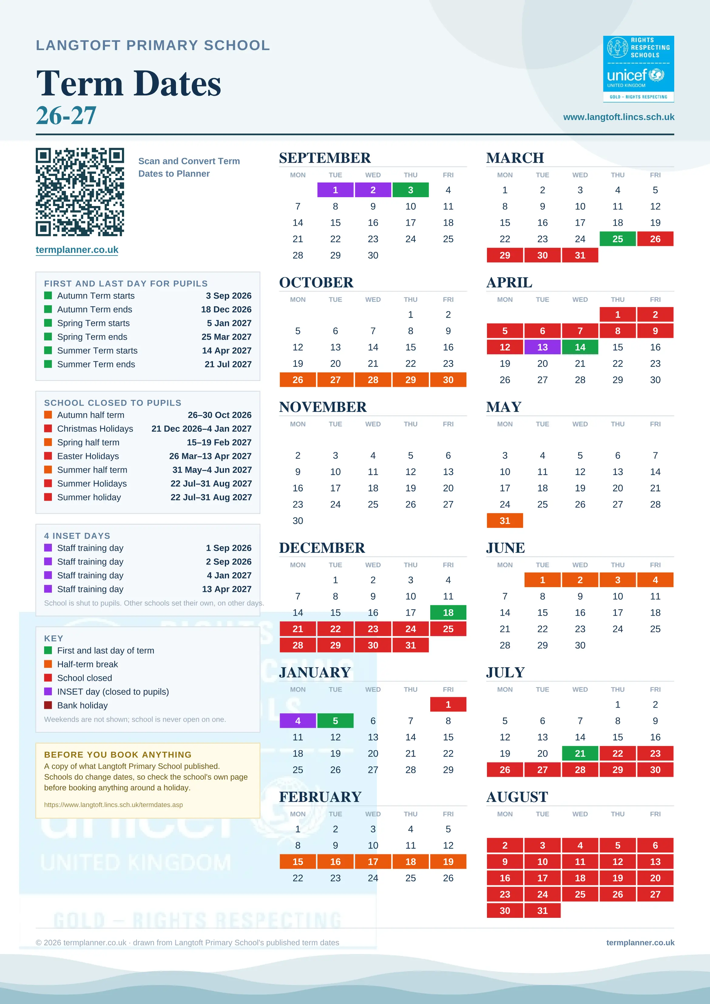 Langtoft Primary School’s 2026/27 school year drawn as one sheet: twelve month grids from September to August, Monday to Friday, with autumn term 3 September to 18 December 2026, spring term 5 January to 25 March 2027, summer term 14 April to 21 July 2027. Half terms, holidays and bank holidays are filled in colour, the first and last day of each term is marked, 4 INSET days are picked out, and every date is listed again in words down the left.