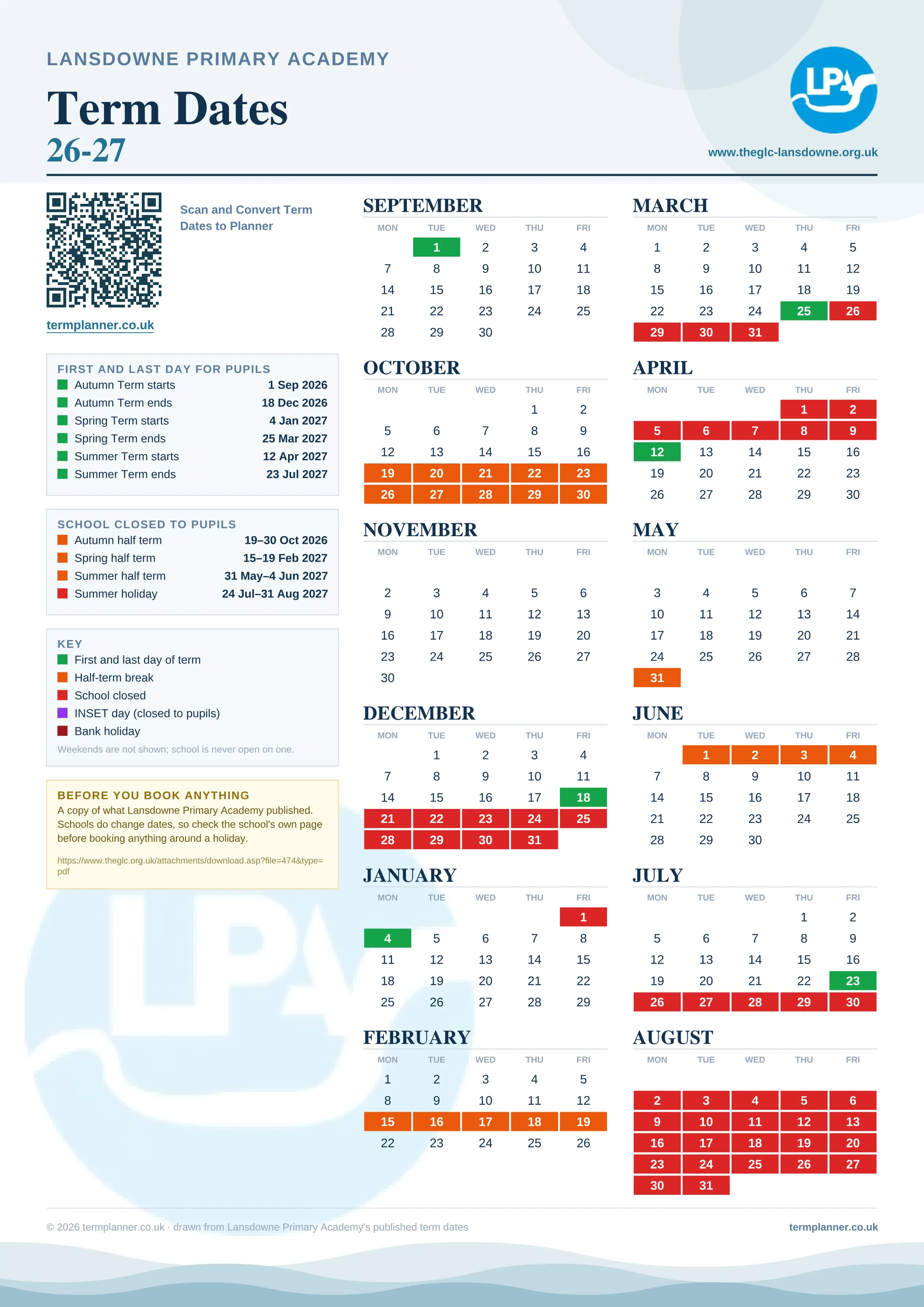 Lansdowne Primary Academy’s 2026/27 school year drawn as one sheet: twelve month grids from September to August, Monday to Friday, with autumn term 1 September to 18 December 2026, spring term 4 January to 25 March 2027, summer term 12 April to 23 July 2027. Half terms, holidays and bank holidays are filled in colour, the first and last day of each term is marked, and every date is listed again in words down the left.