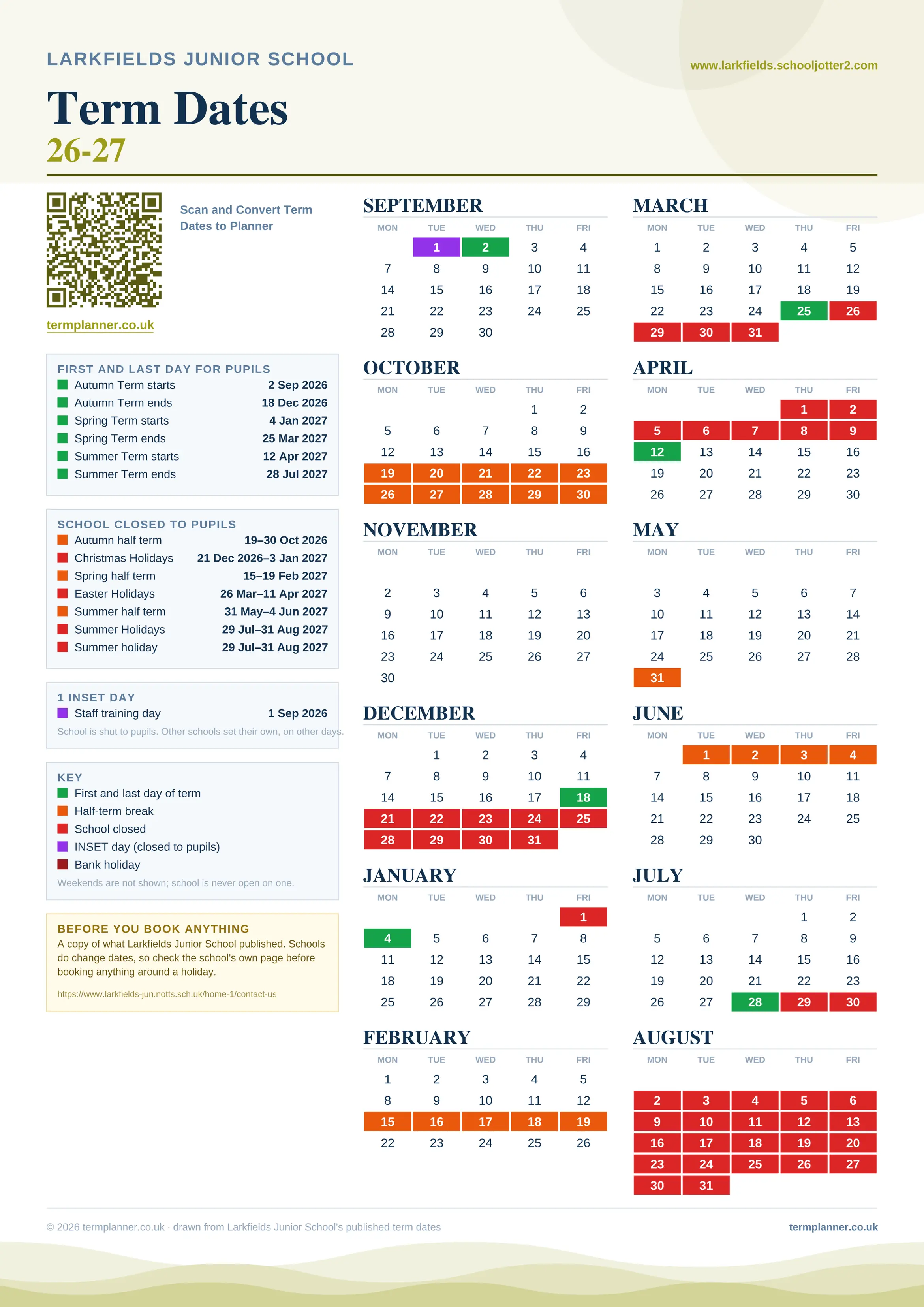 Larkfields Junior School’s 2026/27 school year drawn as one sheet: twelve month grids from September to August, Monday to Friday, with autumn term 2 September to 18 December 2026, spring term 4 January to 25 March 2027, summer term 12 April to 28 July 2027. Half terms, holidays and bank holidays are filled in colour, the first and last day of each term is marked, 1 INSET day is picked out, and every date is listed again in words down the left.