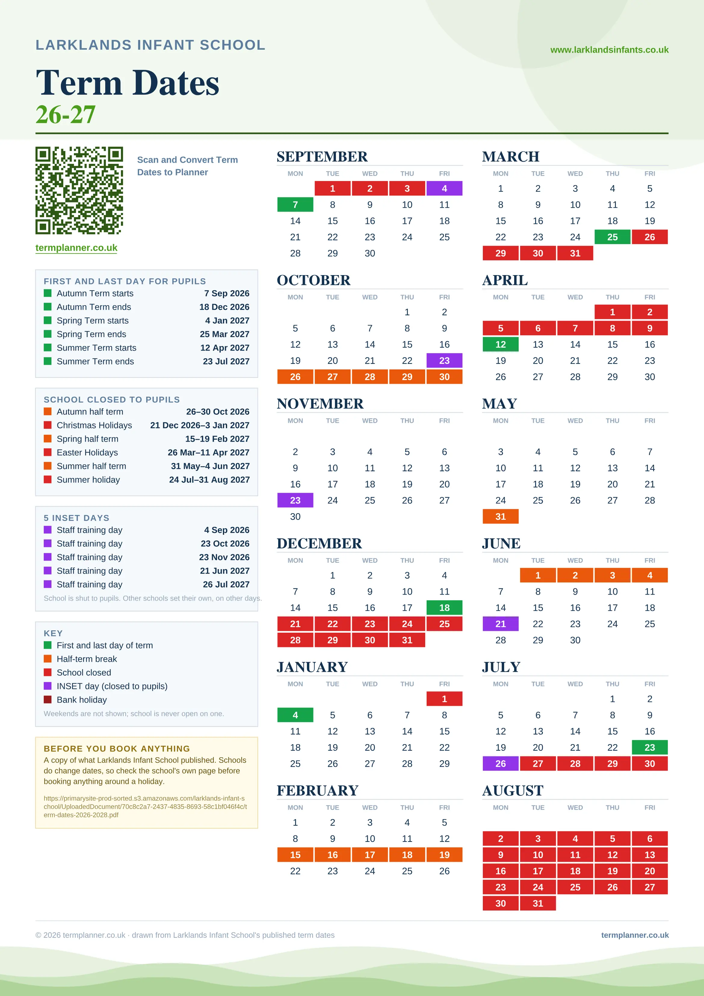 Larklands Infant School’s 2026/27 school year drawn as one sheet: twelve month grids from September to August, Monday to Friday, with autumn term 7 September to 18 December 2026, spring term 4 January to 25 March 2027, summer term 12 April to 23 July 2027. Half terms, holidays and bank holidays are filled in colour, the first and last day of each term is marked, 5 INSET days are picked out, and every date is listed again in words down the left.