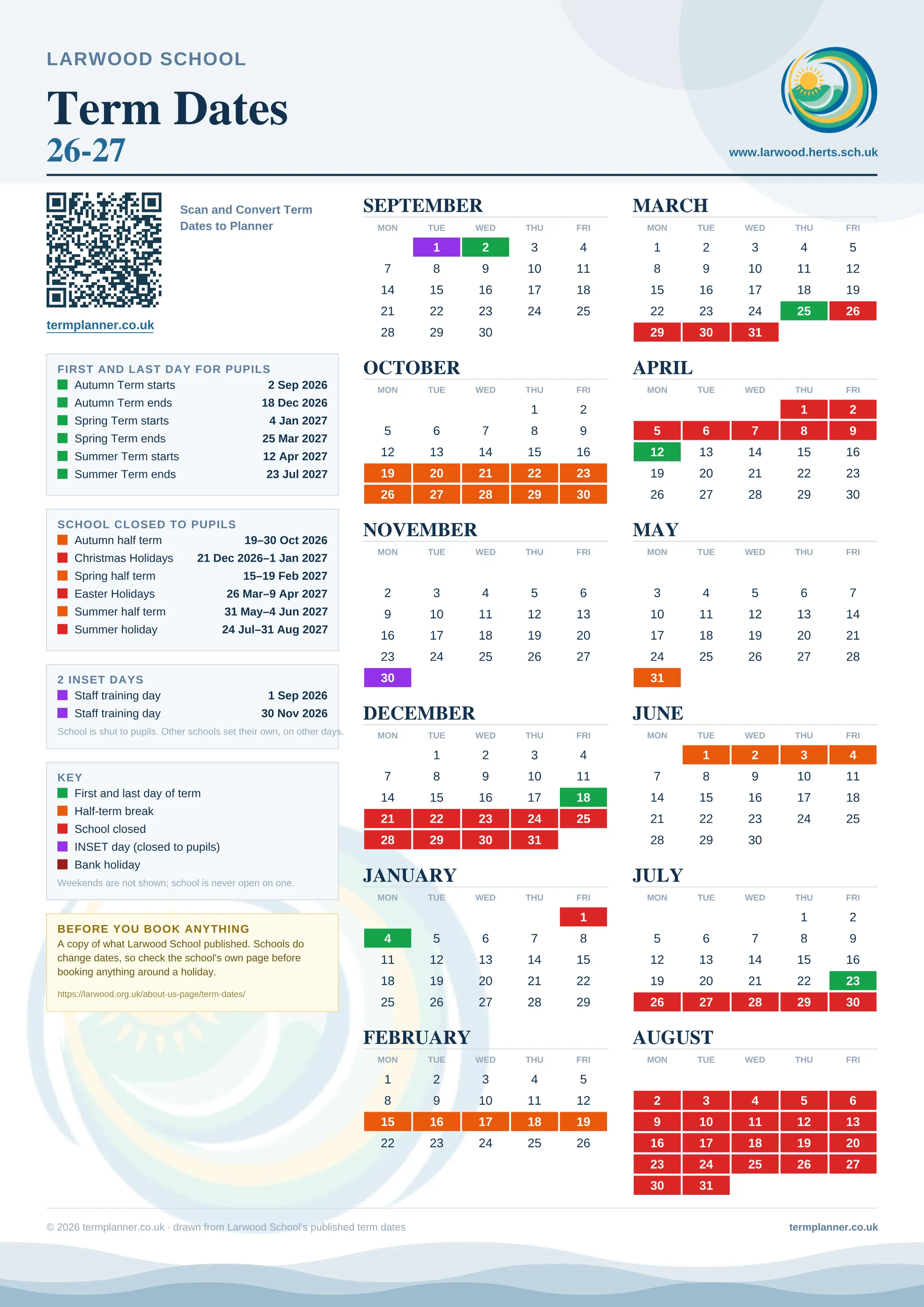 Larwood School’s 2026/27 school year drawn as one sheet: twelve month grids from September to August, Monday to Friday, with autumn term 2 September to 18 December 2026, spring term 4 January to 25 March 2027, summer term 12 April to 23 July 2027. Half terms, holidays and bank holidays are filled in colour, the first and last day of each term is marked, 2 INSET days are picked out, and every date is listed again in words down the left.