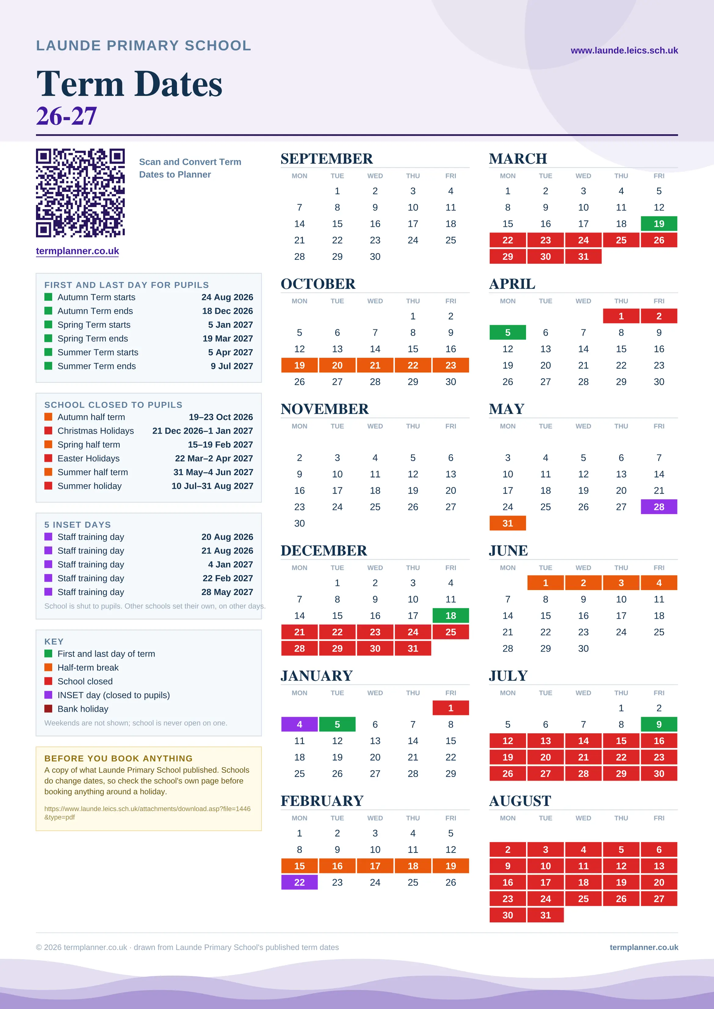 Launde Primary School’s 2026/27 school year drawn as one sheet: twelve month grids from September to August, Monday to Friday, with autumn term 24 August to 18 December 2026, spring term 5 January to 19 March 2027, summer term 5 April to 9 July 2027. Half terms, holidays and bank holidays are filled in colour, the first and last day of each term is marked, 5 INSET days are picked out, and every date is listed again in words down the left.