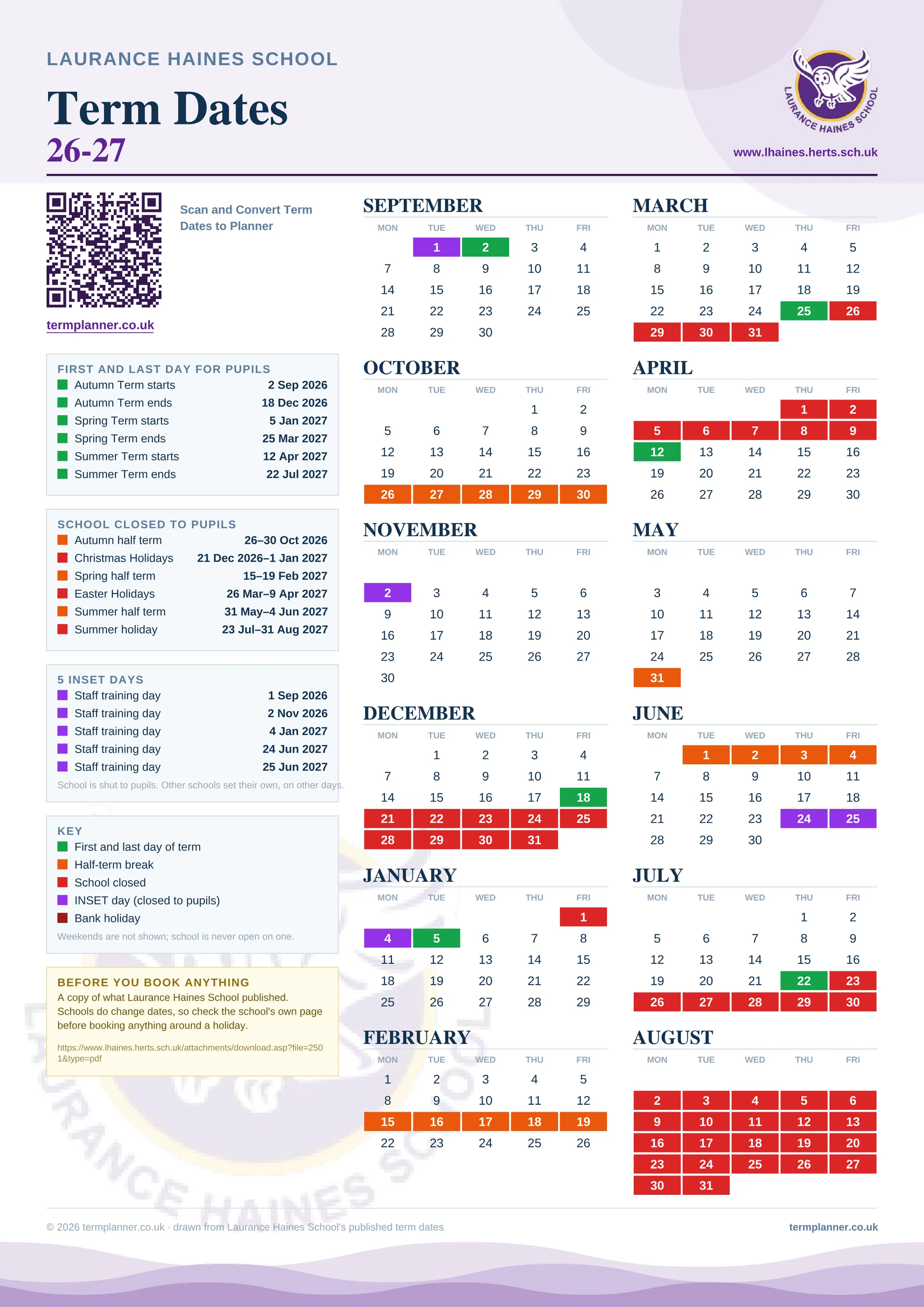 Laurance Haines School’s 2026/27 school year drawn as one sheet: twelve month grids from September to August, Monday to Friday, with autumn term 2 September to 18 December 2026, spring term 5 January to 25 March 2027, summer term 12 April to 22 July 2027. Half terms, holidays and bank holidays are filled in colour, the first and last day of each term is marked, 5 INSET days are picked out, and every date is listed again in words down the left.