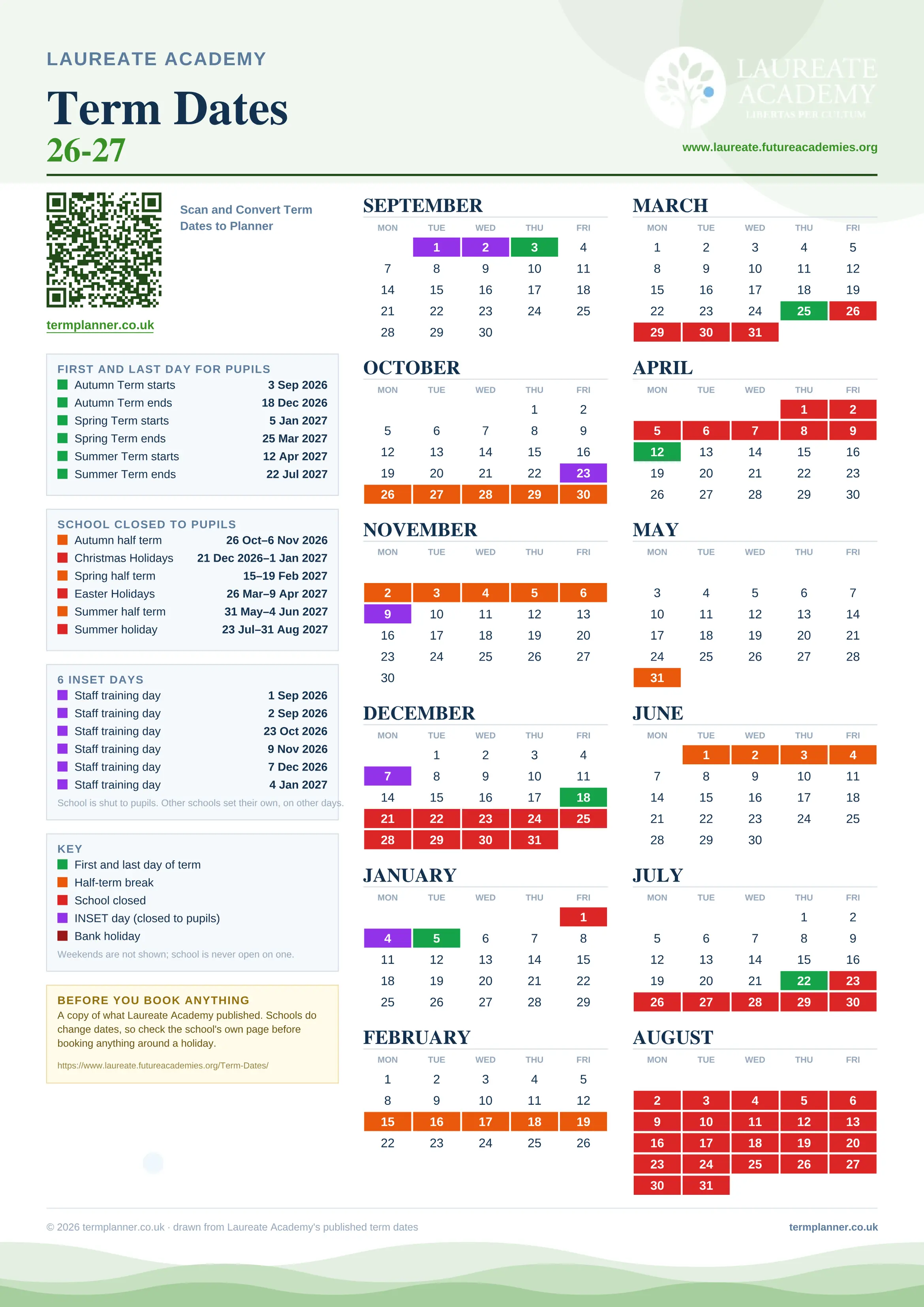 Laureate Academy’s 2026/27 school year drawn as one sheet: twelve month grids from September to August, Monday to Friday, with autumn term 3 September to 18 December 2026, spring term 5 January to 25 March 2027, summer term 12 April to 22 July 2027. Half terms, holidays and bank holidays are filled in colour, the first and last day of each term is marked, 6 INSET days are picked out, and every date is listed again in words down the left.