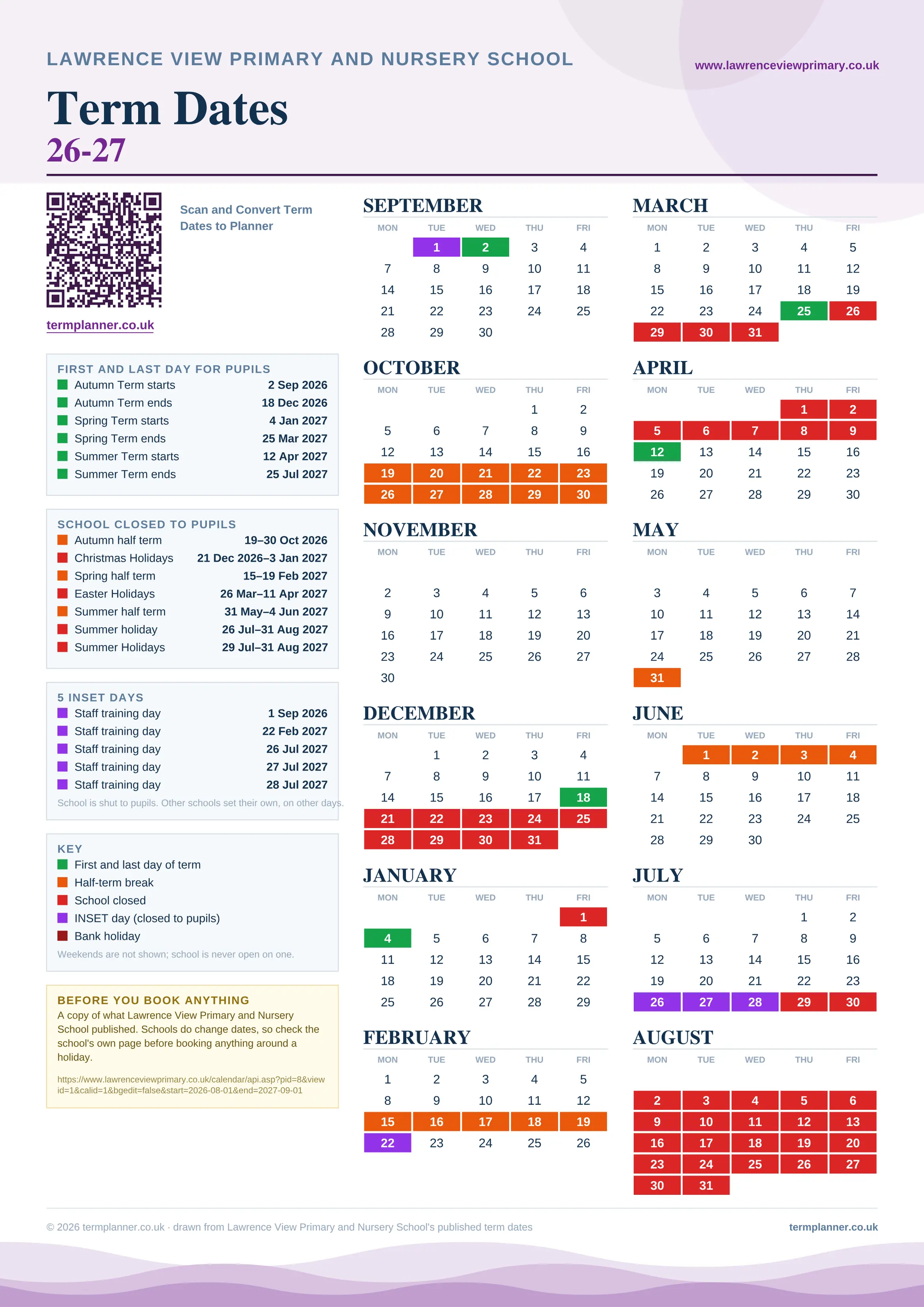 Lawrence View Primary and Nursery School’s 2026/27 school year drawn as one sheet: twelve month grids from September to August, Monday to Friday, with autumn term 2 September to 18 December 2026, spring term 4 January to 25 March 2027, summer term 12 April to 25 July 2027. Half terms, holidays and bank holidays are filled in colour, the first and last day of each term is marked, 5 INSET days are picked out, and every date is listed again in words down the left.