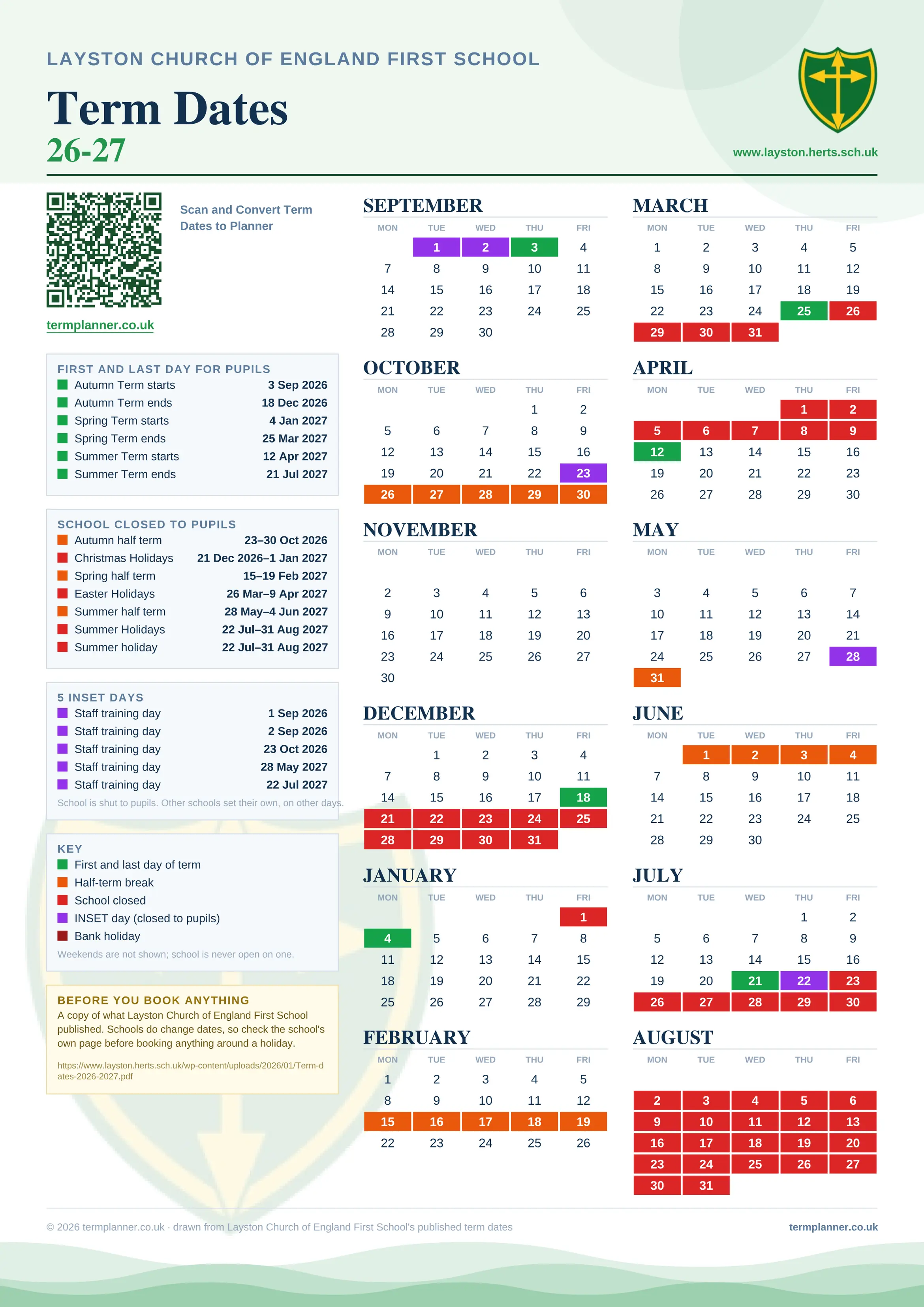 Layston Church of England First School’s 2026/27 school year drawn as one sheet: twelve month grids from September to August, Monday to Friday, with autumn term 3 September to 18 December 2026, spring term 4 January to 25 March 2027, summer term 12 April to 21 July 2027. Half terms, holidays and bank holidays are filled in colour, the first and last day of each term is marked, 5 INSET days are picked out, and every date is listed again in words down the left.