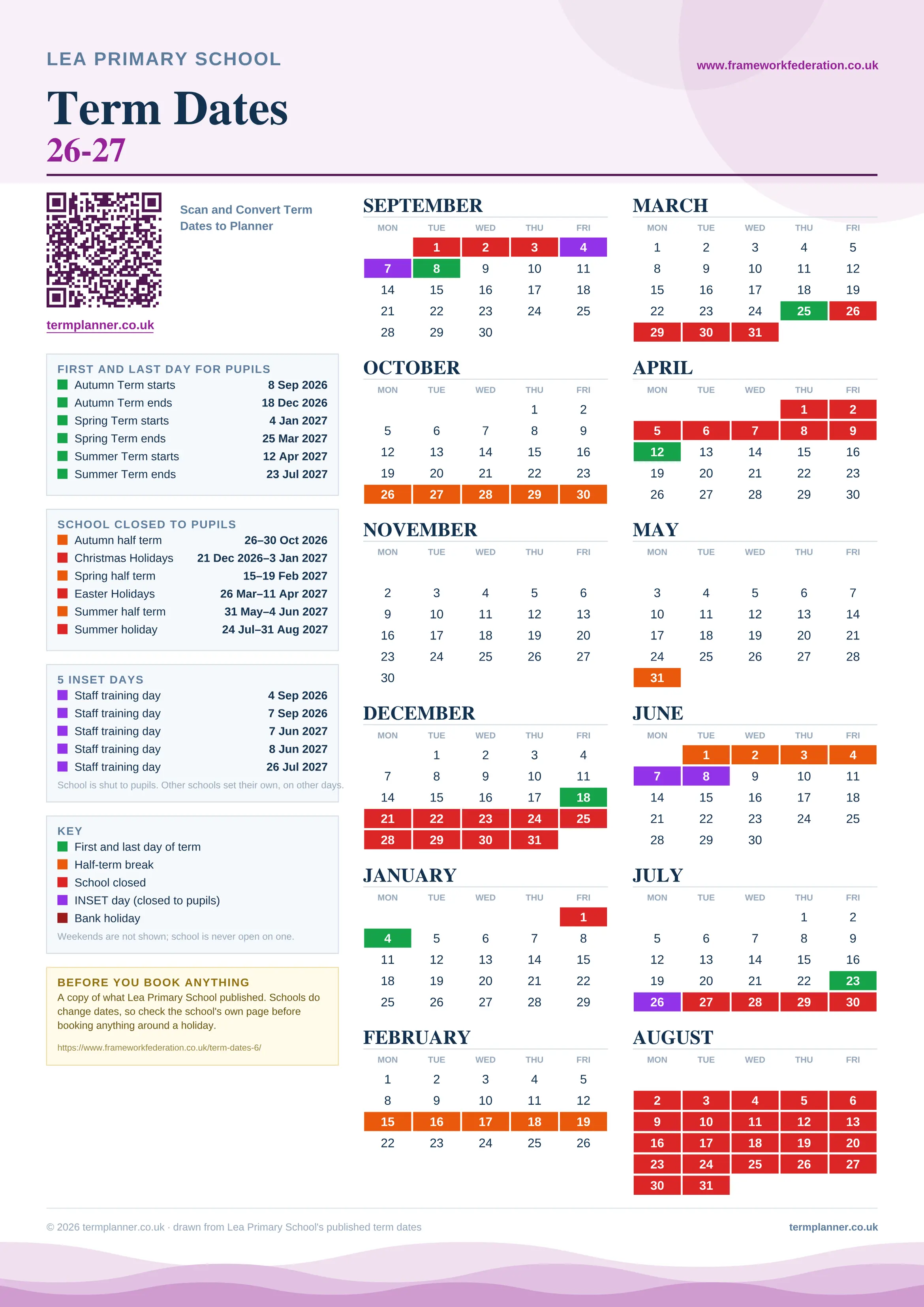Lea Primary School’s 2026/27 school year drawn as one sheet: twelve month grids from September to August, Monday to Friday, with autumn term 8 September to 18 December 2026, spring term 4 January to 25 March 2027, summer term 12 April to 23 July 2027. Half terms, holidays and bank holidays are filled in colour, the first and last day of each term is marked, 5 INSET days are picked out, and every date is listed again in words down the left.
