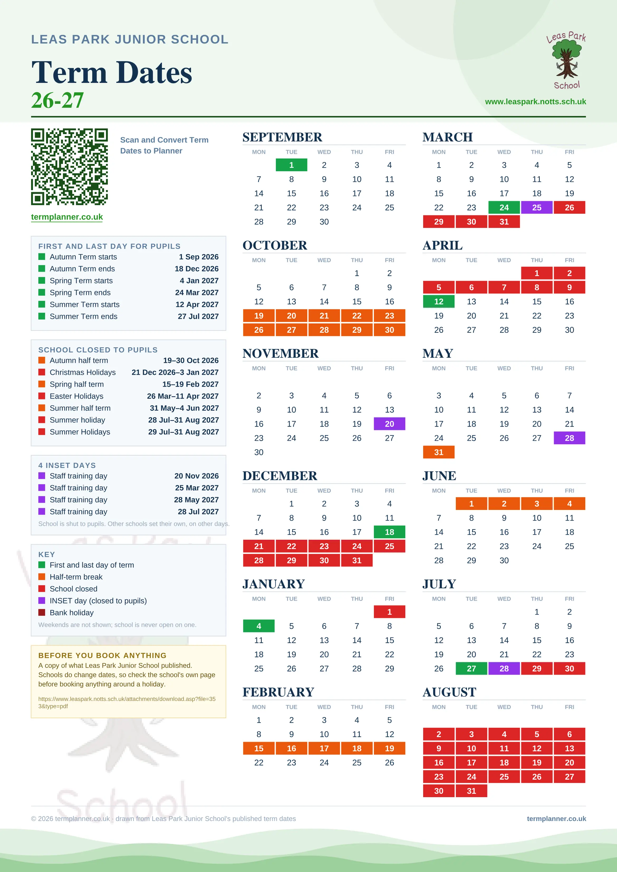 Leas Park Junior School’s 2026/27 school year drawn as one sheet: twelve month grids from September to August, Monday to Friday, with autumn term 1 September to 18 December 2026, spring term 4 January to 24 March 2027, summer term 12 April to 27 July 2027. Half terms, holidays and bank holidays are filled in colour, the first and last day of each term is marked, 4 INSET days are picked out, and every date is listed again in words down the left.