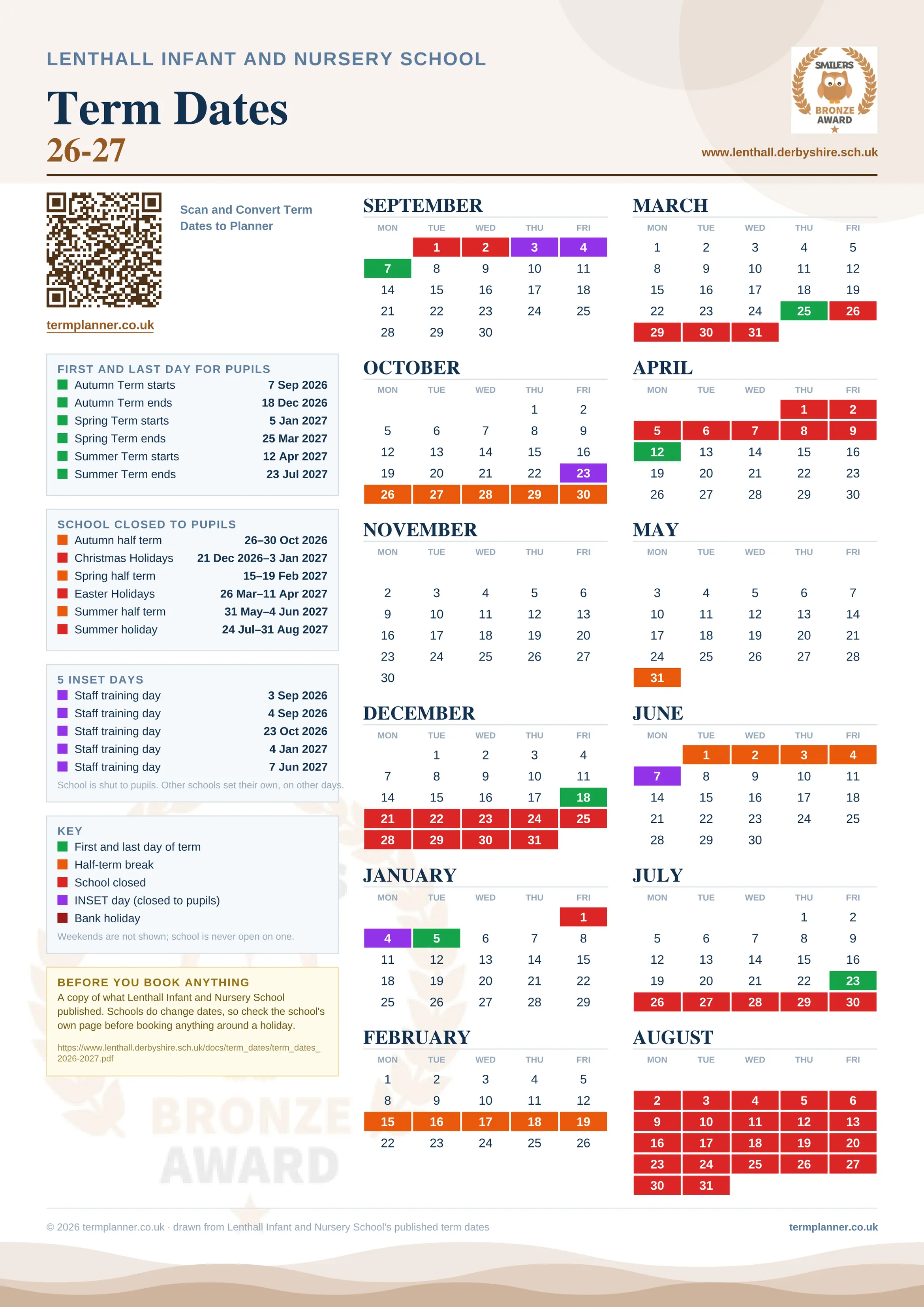 Lenthall Infant and Nursery School’s 2026/27 school year drawn as one sheet: twelve month grids from September to August, Monday to Friday, with autumn term 7 September to 18 December 2026, spring term 5 January to 25 March 2027, summer term 12 April to 23 July 2027. Half terms, holidays and bank holidays are filled in colour, the first and last day of each term is marked, 5 INSET days are picked out, and every date is listed again in words down the left.