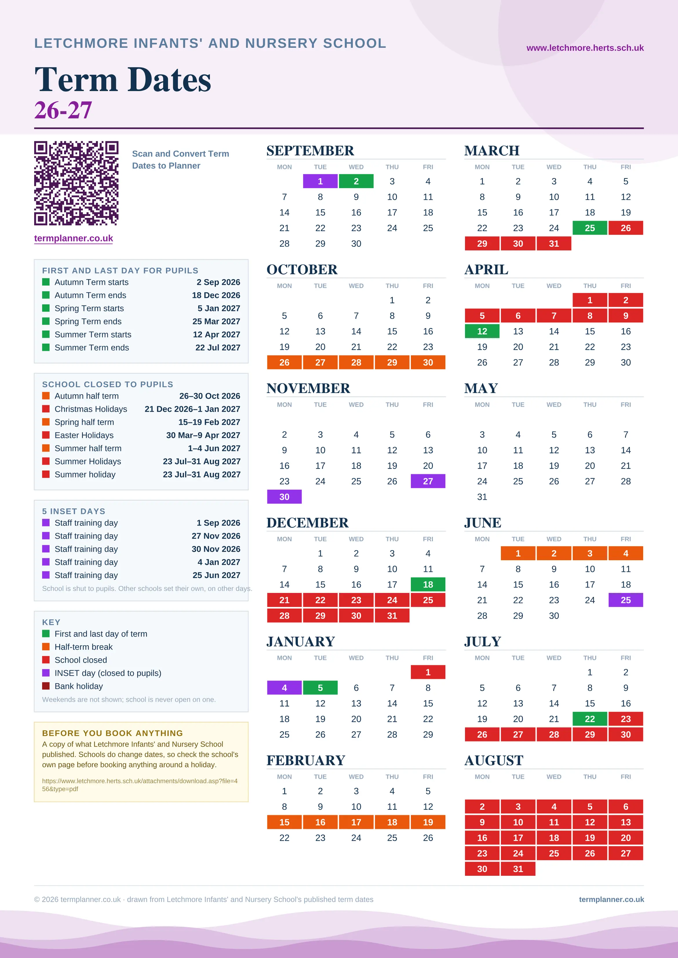 Letchmore Infants' and Nursery School’s 2026/27 school year drawn as one sheet: twelve month grids from September to August, Monday to Friday, with autumn term 2 September to 18 December 2026, spring term 5 January to 25 March 2027, summer term 12 April to 22 July 2027. Half terms, holidays and bank holidays are filled in colour, the first and last day of each term is marked, 5 INSET days are picked out, and every date is listed again in words down the left.
