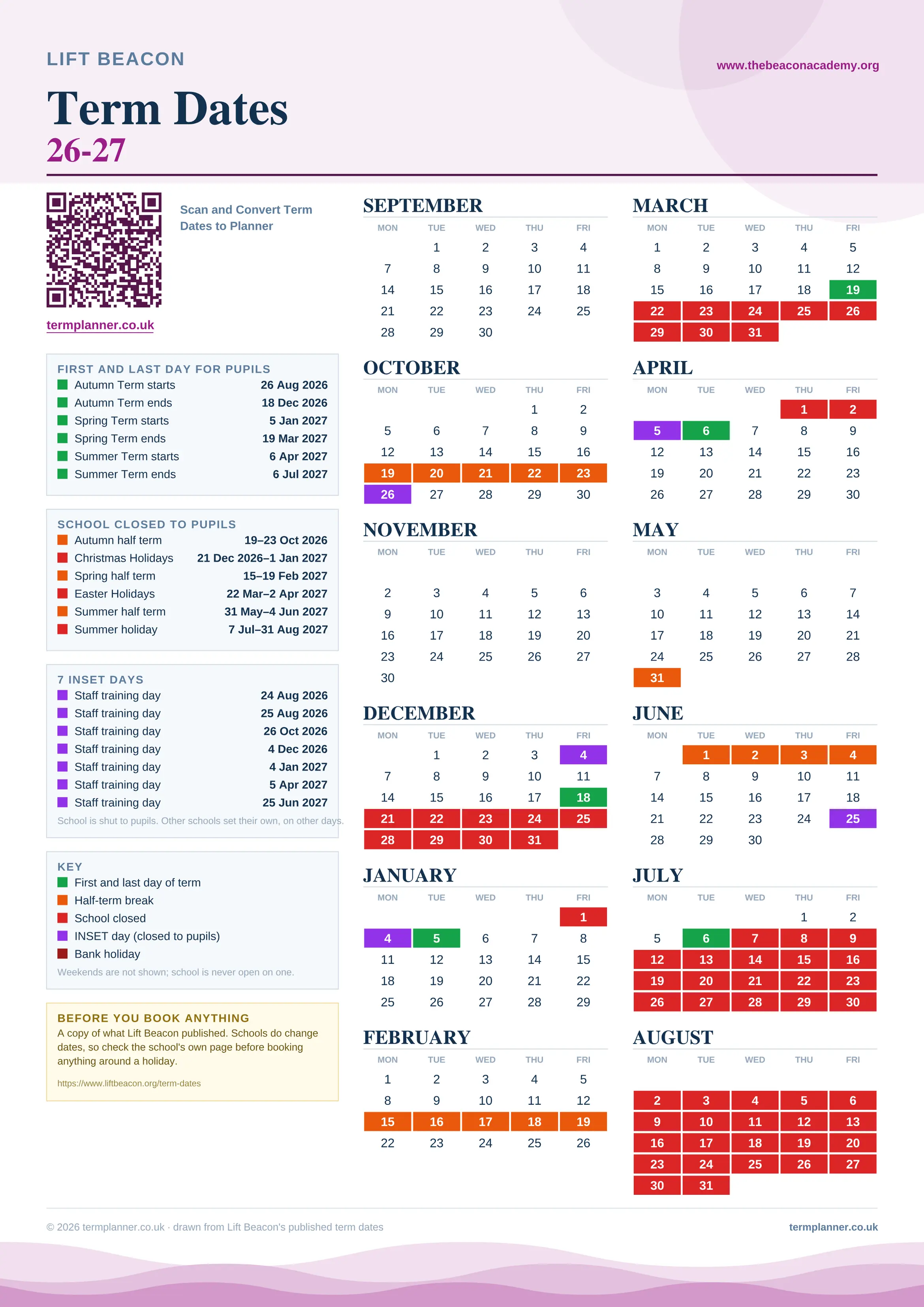 Lift Beacon’s 2026/27 school year drawn as one sheet: twelve month grids from September to August, Monday to Friday, with autumn term 26 August to 18 December 2026, spring term 5 January to 19 March 2027, summer term 6 April to 6 July 2027. Half terms, holidays and bank holidays are filled in colour, the first and last day of each term is marked, 7 INSET days are picked out, and every date is listed again in words down the left.
