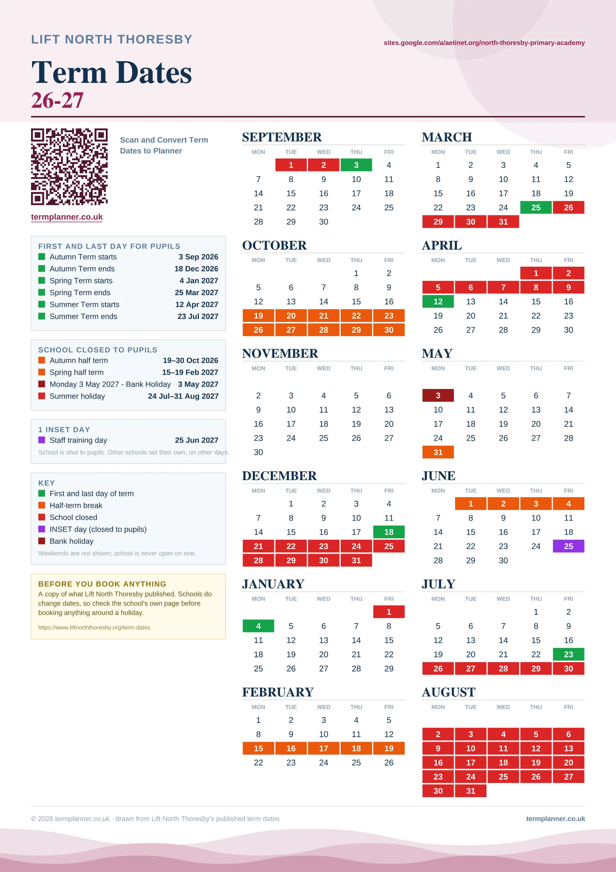 Lift North Thoresby’s 2026/27 school year drawn as one sheet: twelve month grids from September to August, Monday to Friday, with autumn term 3 September to 18 December 2026, spring term 4 January to 25 March 2027, summer term 12 April to 23 July 2027. Half terms, holidays and bank holidays are filled in colour, the first and last day of each term is marked, 1 INSET day is picked out, and every date is listed again in words down the left.