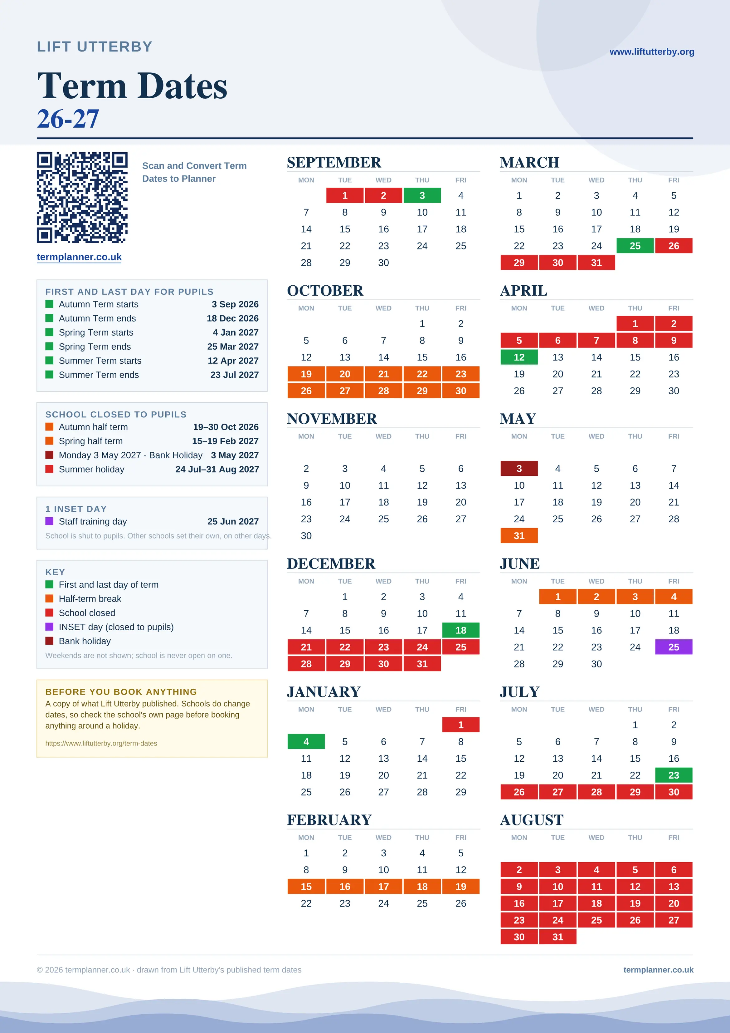 Lift Utterby’s 2026/27 school year drawn as one sheet: twelve month grids from September to August, Monday to Friday, with autumn term 3 September to 18 December 2026, spring term 4 January to 25 March 2027, summer term 12 April to 23 July 2027. Half terms, holidays and bank holidays are filled in colour, the first and last day of each term is marked, 1 INSET day is picked out, and every date is listed again in words down the left.