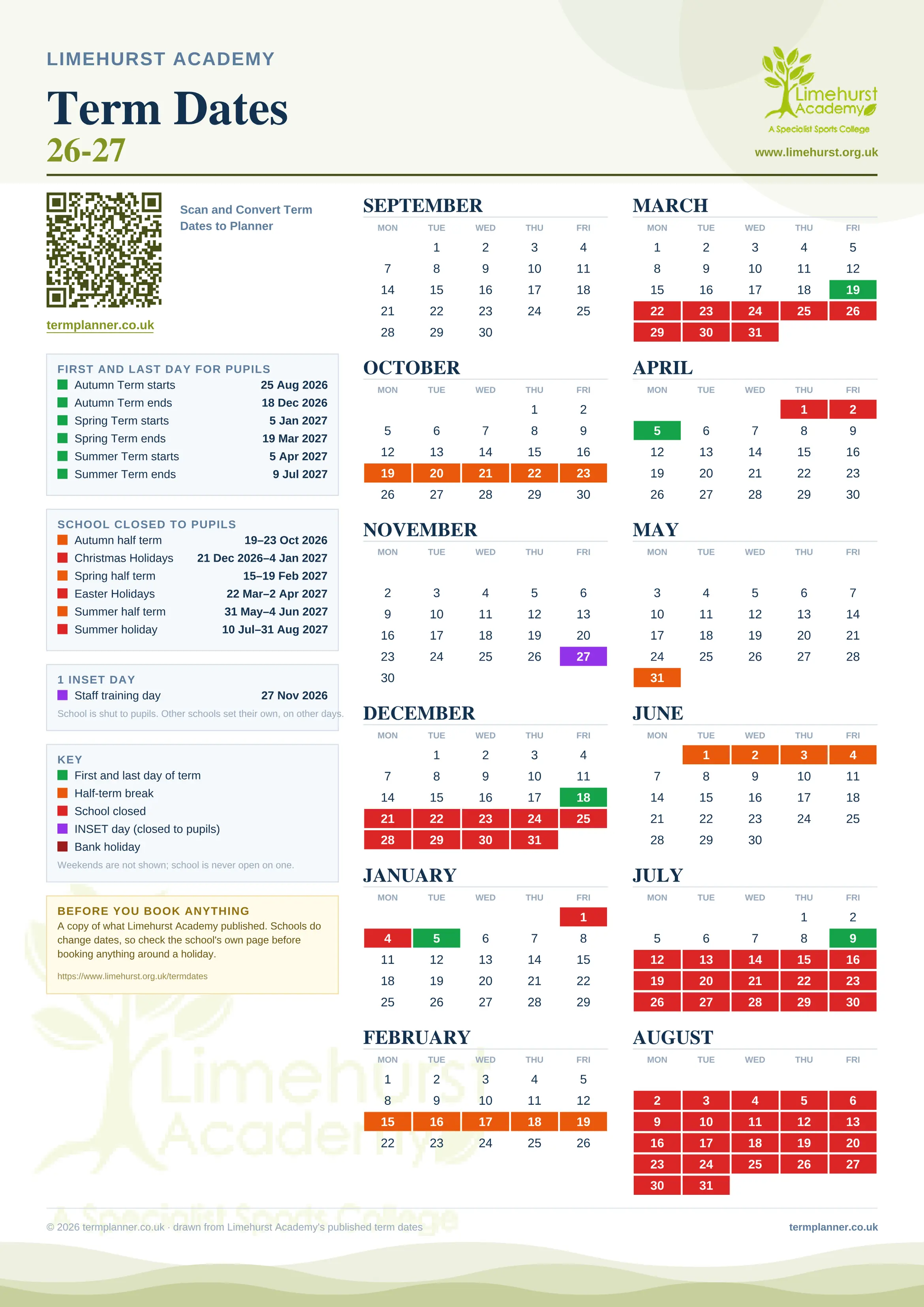 Limehurst Academy’s 2026/27 school year drawn as one sheet: twelve month grids from September to August, Monday to Friday, with autumn term 25 August to 18 December 2026, spring term 5 January to 19 March 2027, summer term 5 April to 9 July 2027. Half terms, holidays and bank holidays are filled in colour, the first and last day of each term is marked, 1 INSET day is picked out, and every date is listed again in words down the left.