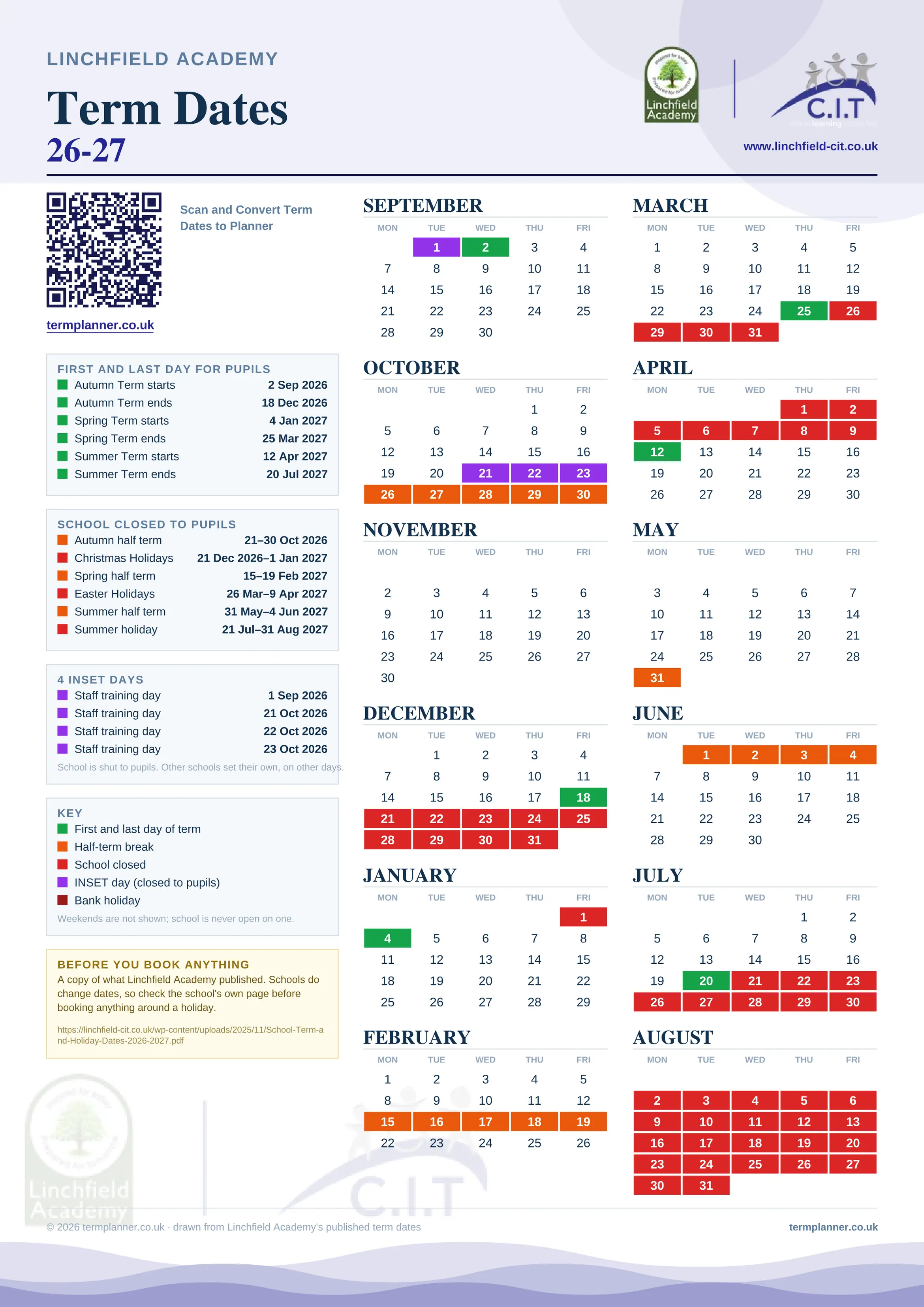 Linchfield Academy’s 2026/27 school year drawn as one sheet: twelve month grids from September to August, Monday to Friday, with autumn term 2 September to 18 December 2026, spring term 4 January to 25 March 2027, summer term 12 April to 20 July 2027. Half terms, holidays and bank holidays are filled in colour, the first and last day of each term is marked, 4 INSET days are picked out, and every date is listed again in words down the left.
