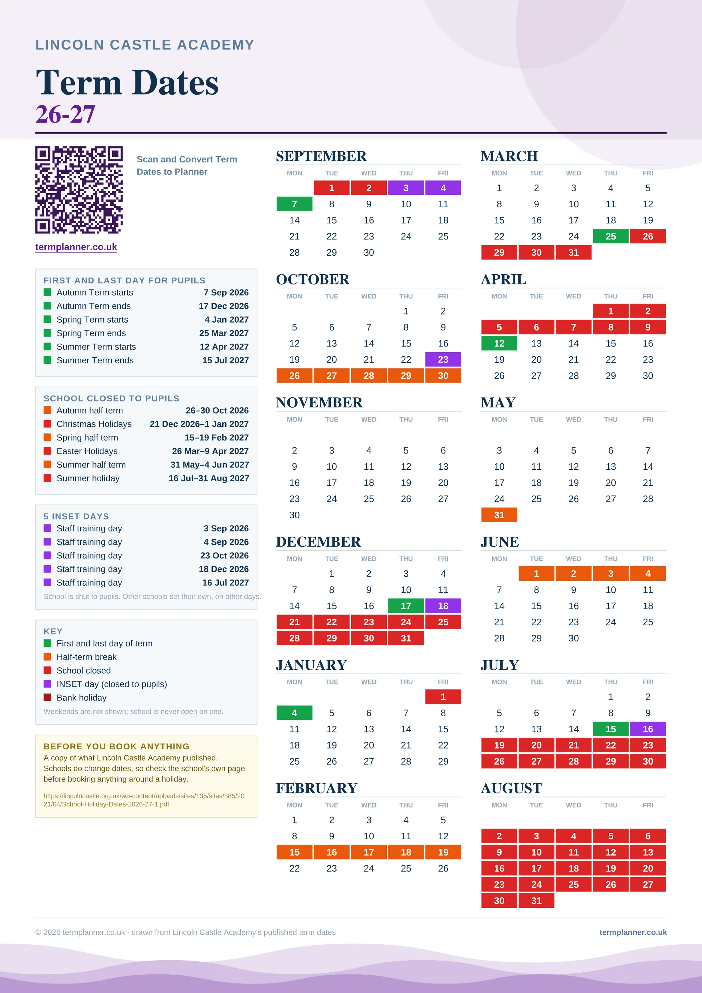 Lincoln Castle Academy’s 2026/27 school year drawn as one sheet: twelve month grids from September to August, Monday to Friday, with autumn term 7 September to 17 December 2026, spring term 4 January to 25 March 2027, summer term 12 April to 15 July 2027. Half terms, holidays and bank holidays are filled in colour, the first and last day of each term is marked, 5 INSET days are picked out, and every date is listed again in words down the left.